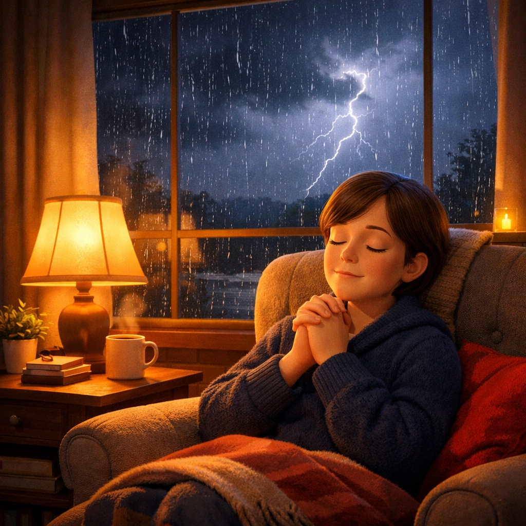 Person praying peacefully indoors while storm passes outside window