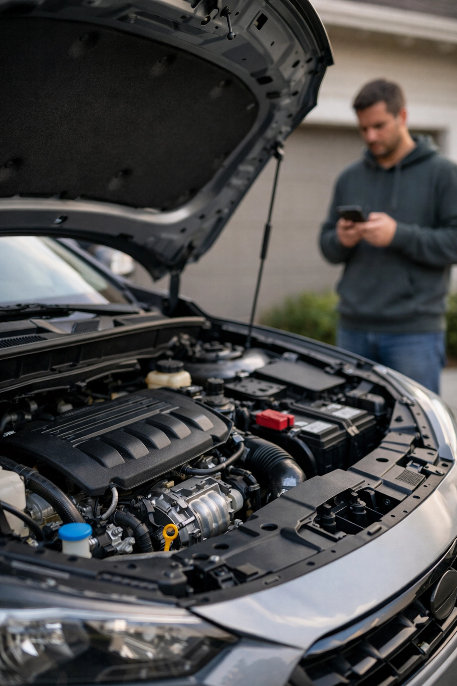 A car with its hood open in a driveway, highlighting common reasons for needing a cash advance in Canada.