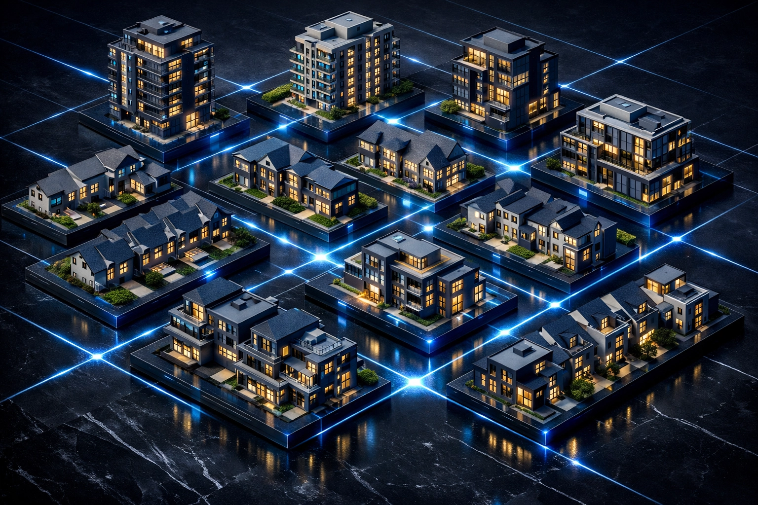 A connected network of residential buildings representing a scaled property management portfolio.