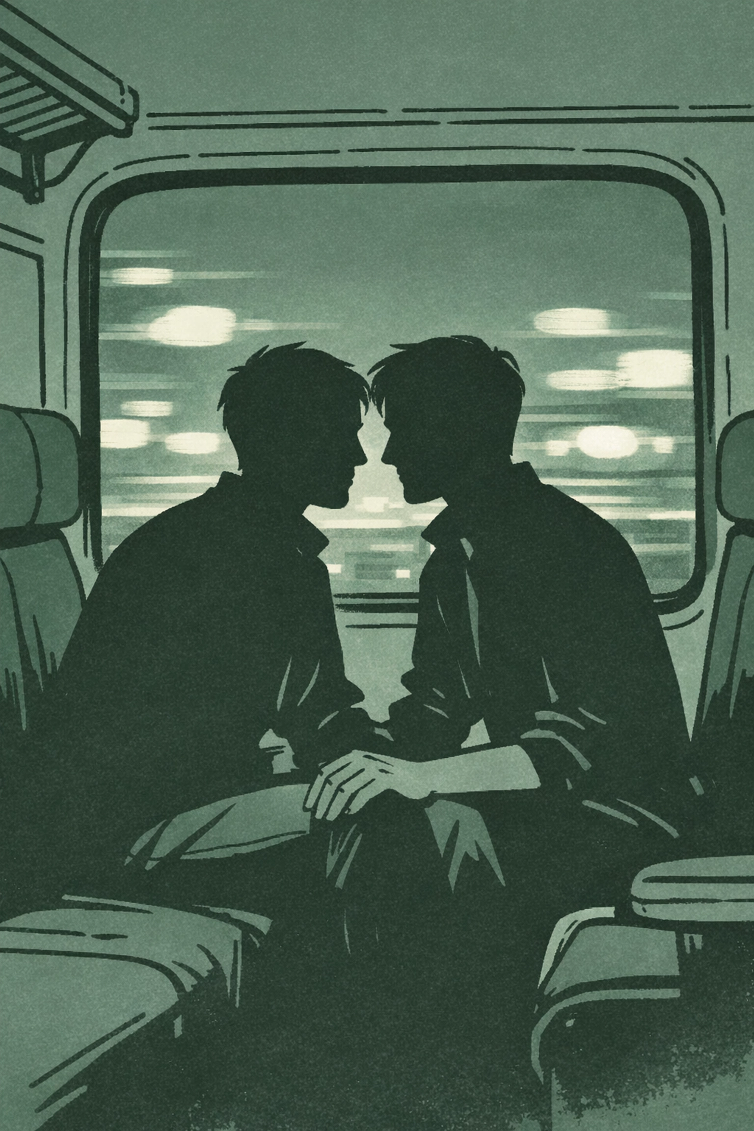 Two men sitting close together in train compartment at night - MM travel romance scene