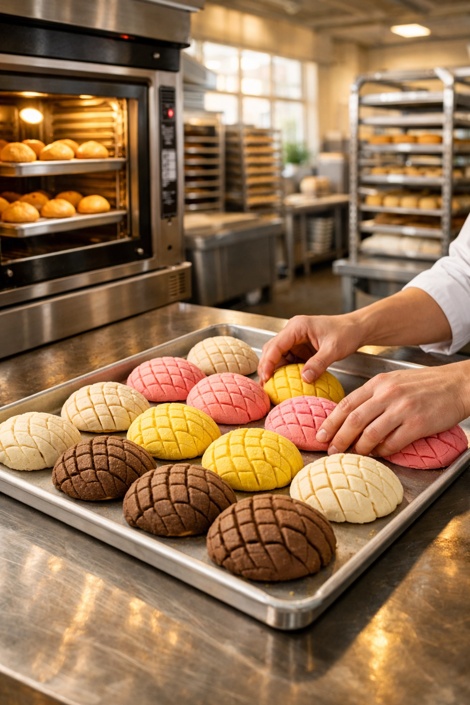 Baker preparing frozen conchas and mantecadas in modern commercial bakery operation
