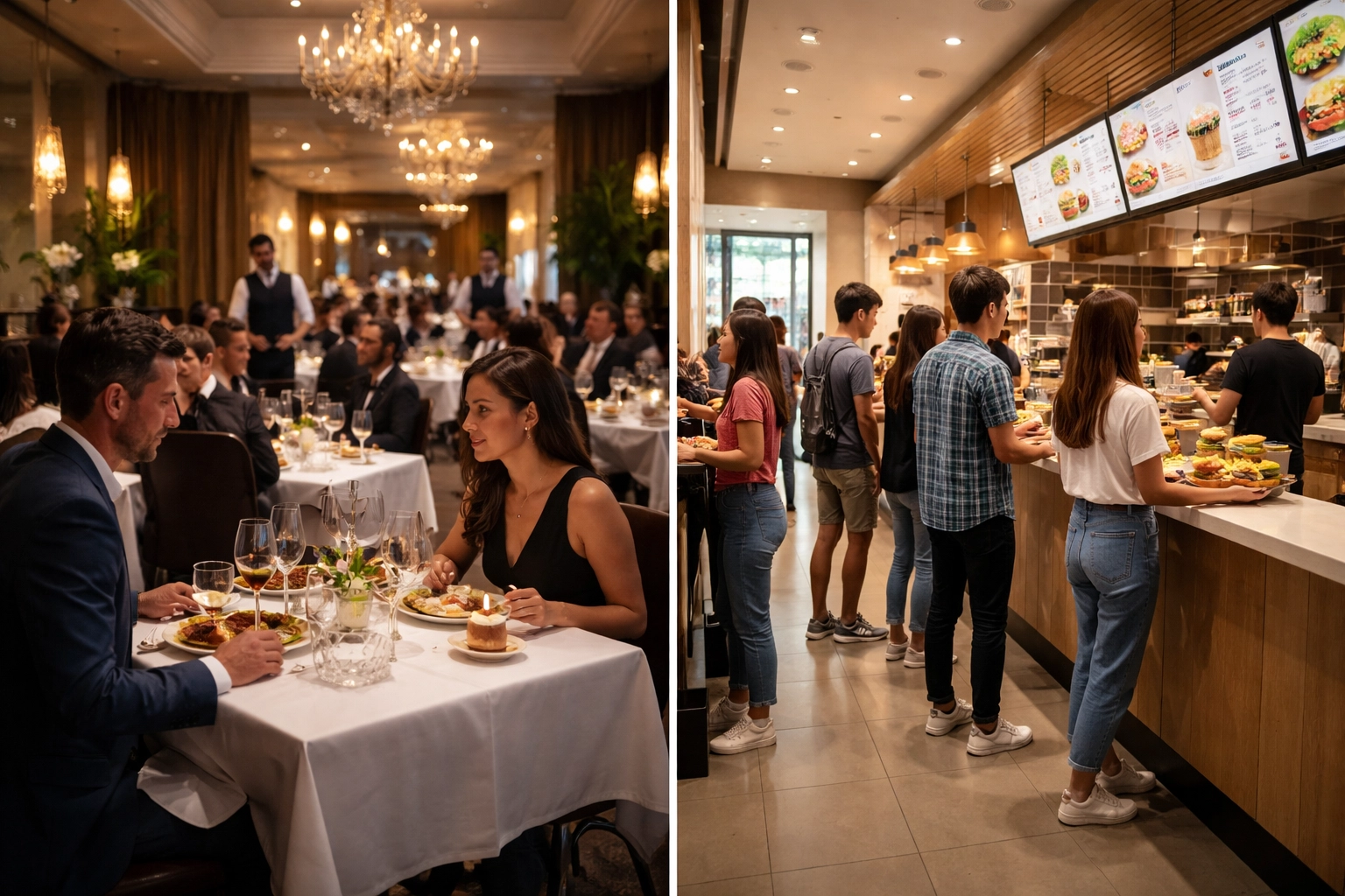 Split dining scene showing upscale fine dining and casual restaurant settings, illustrating the bifurcated economy in the restaurant industry.