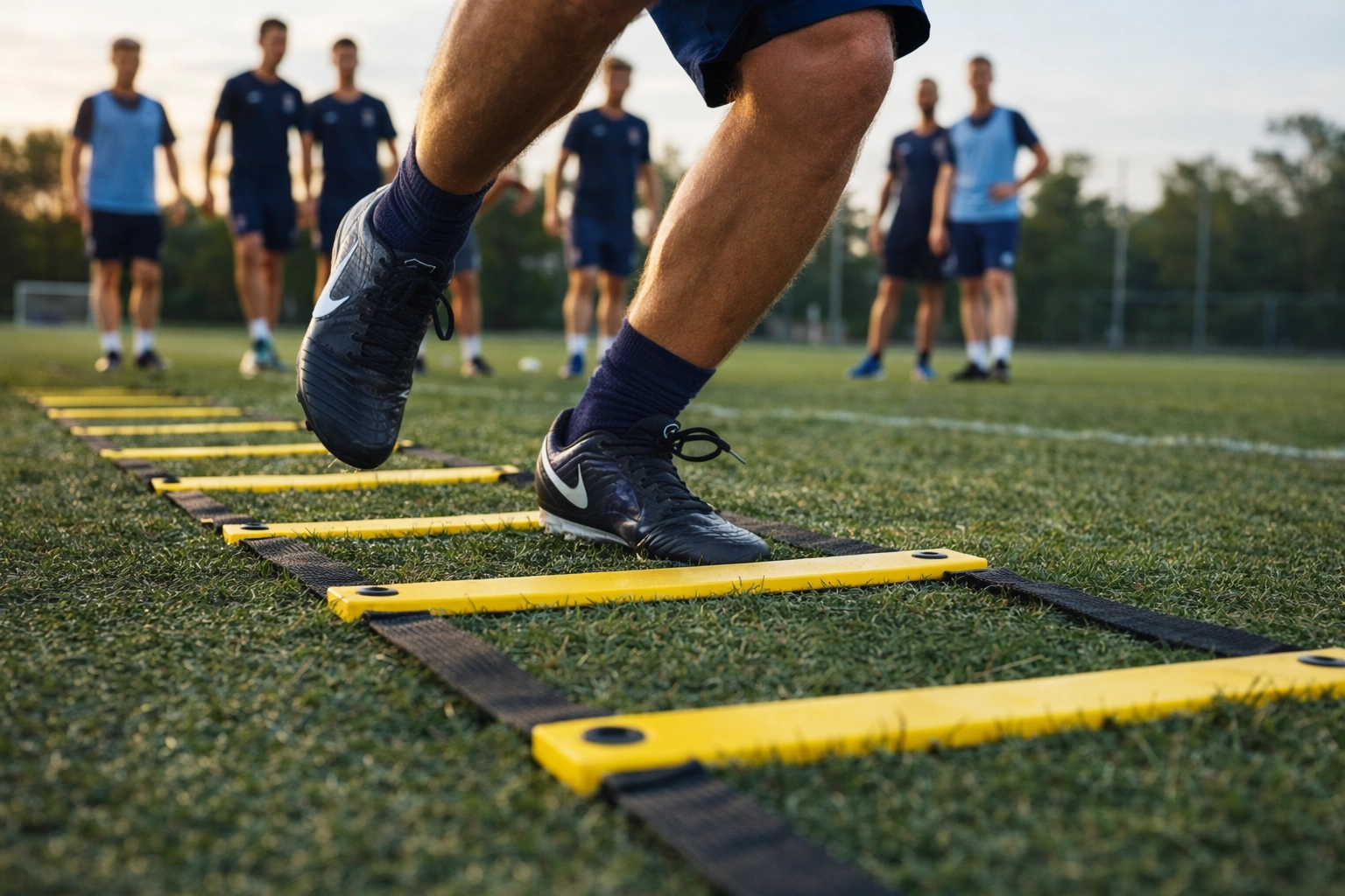 Athlete performing footwork drills on agility ladder during team training session