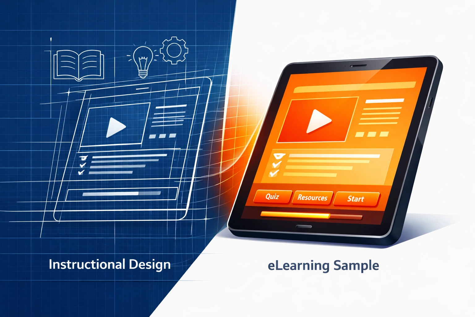 Instructional Design blueprint transforming into a digital tablet for high-quality corporate eLearning Samples.