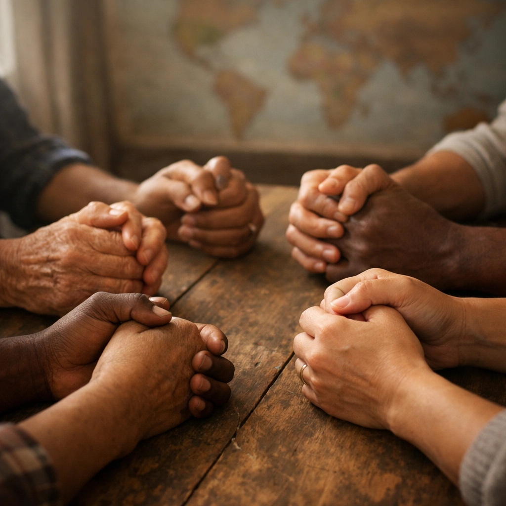 Diverse hands joined in prayer circle representing community intercession and faith