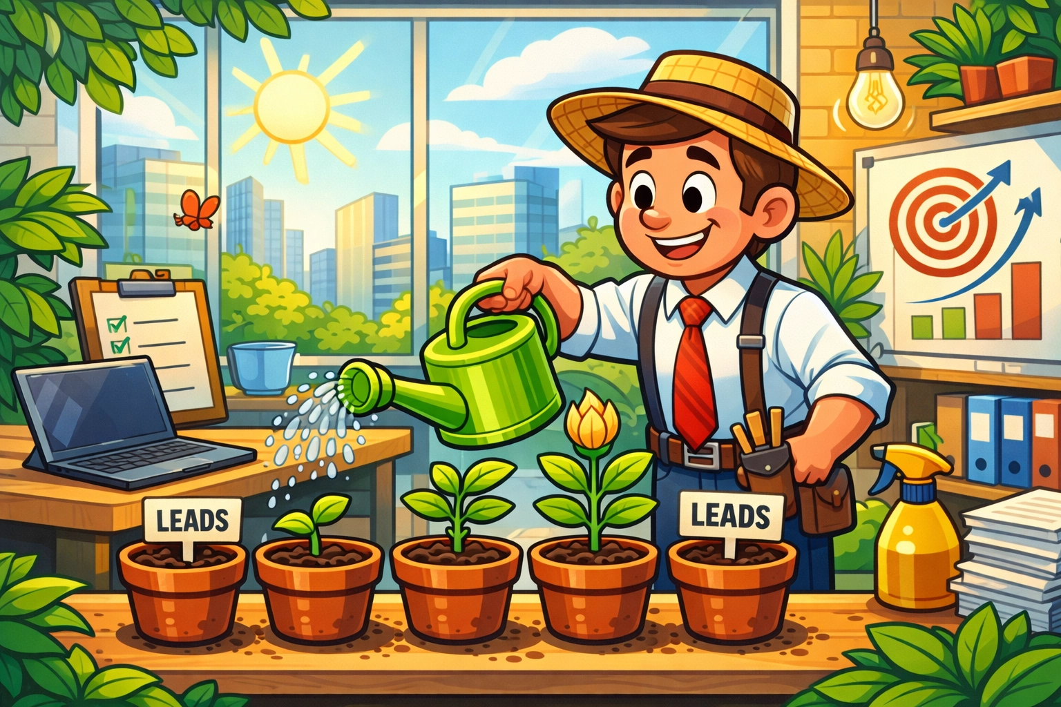 Business professional nurturing leads at various stages of growth using a multi-touch follow-up process.