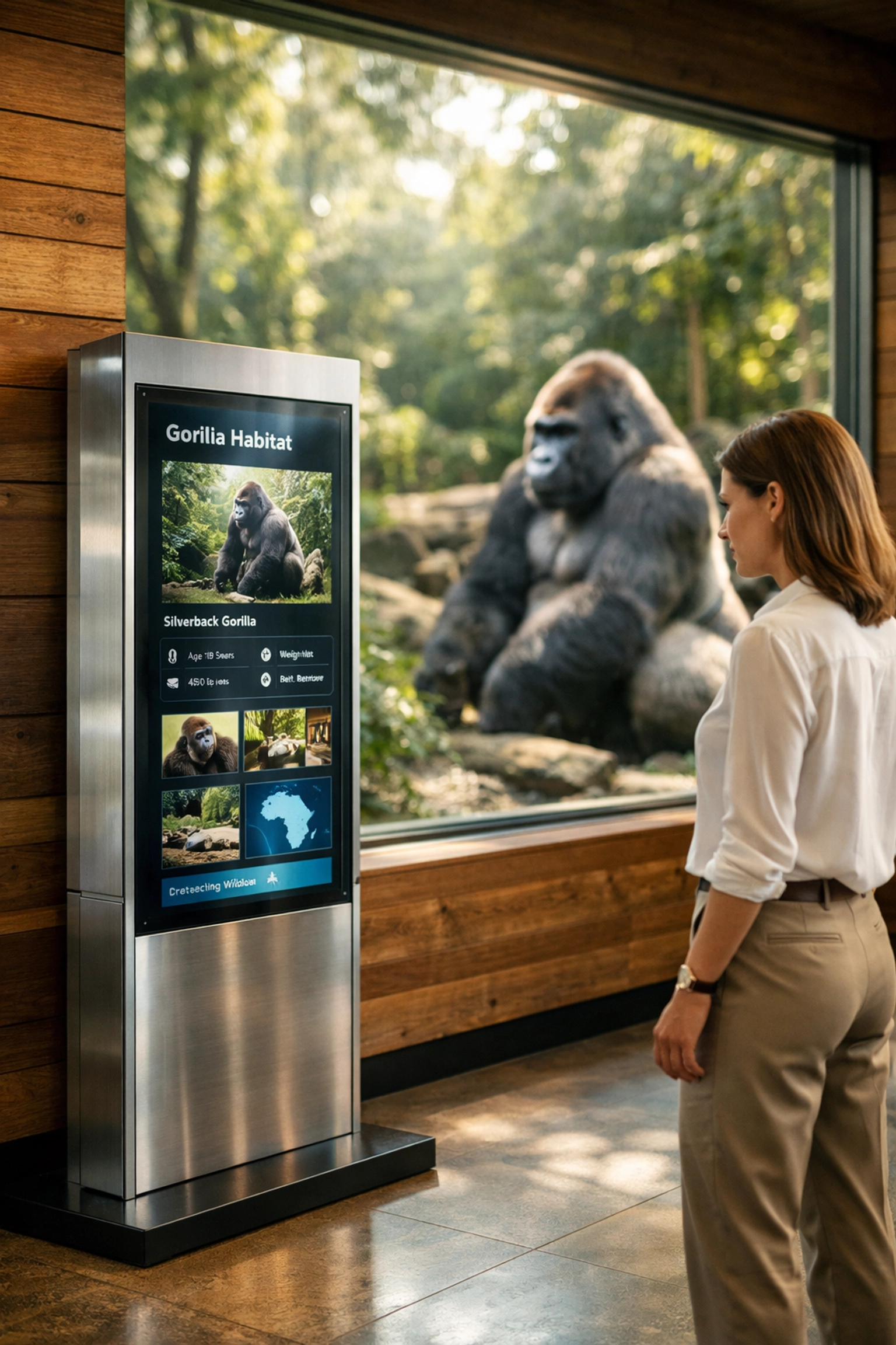 Professional viewing digital signage sponsorship next to a gorilla habitat in a modern zoo environment.