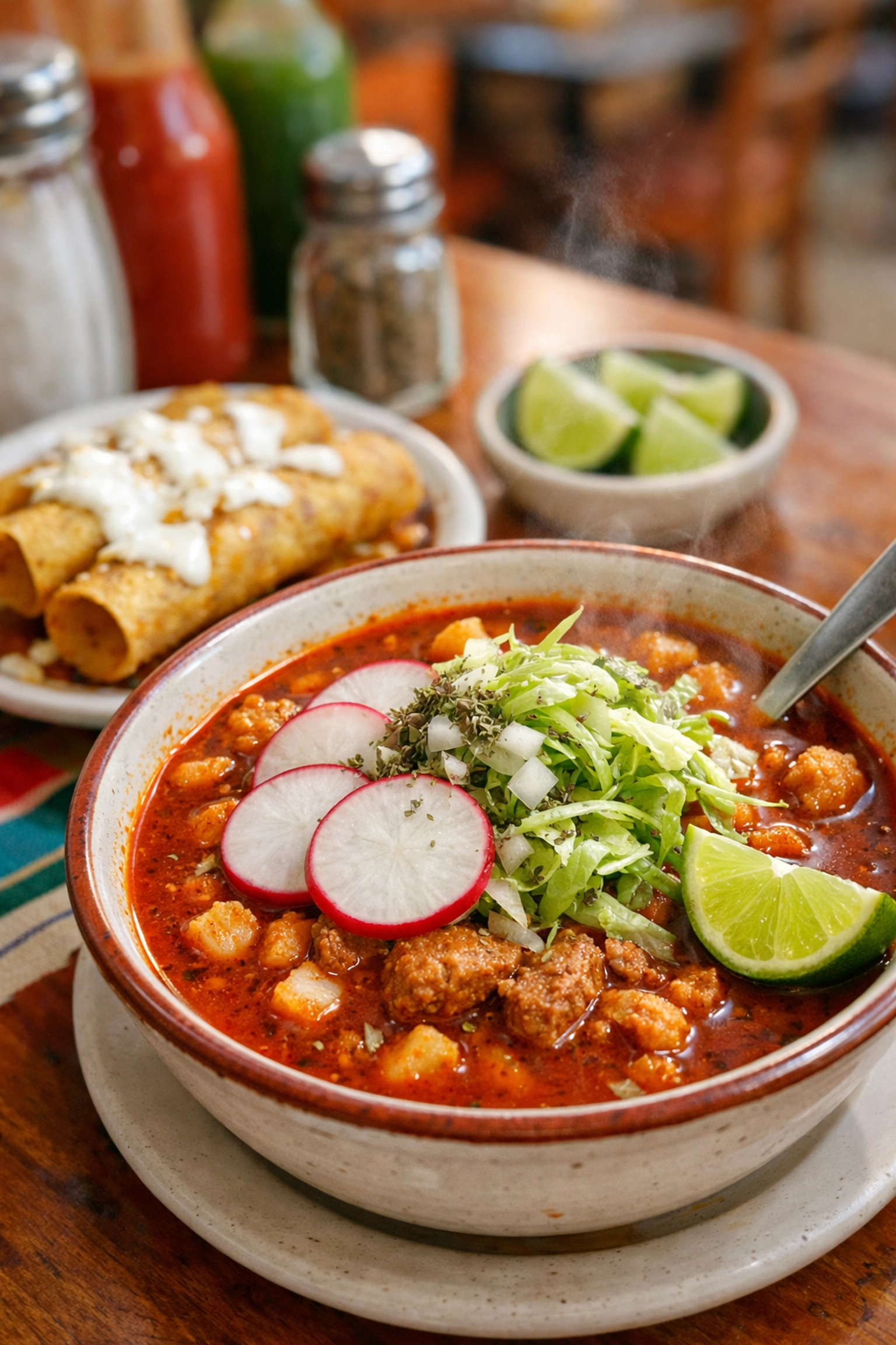 Steaming bowl of red pork pozole and crispy potato flautas at a budget-friendly Mexico City restaurant.
