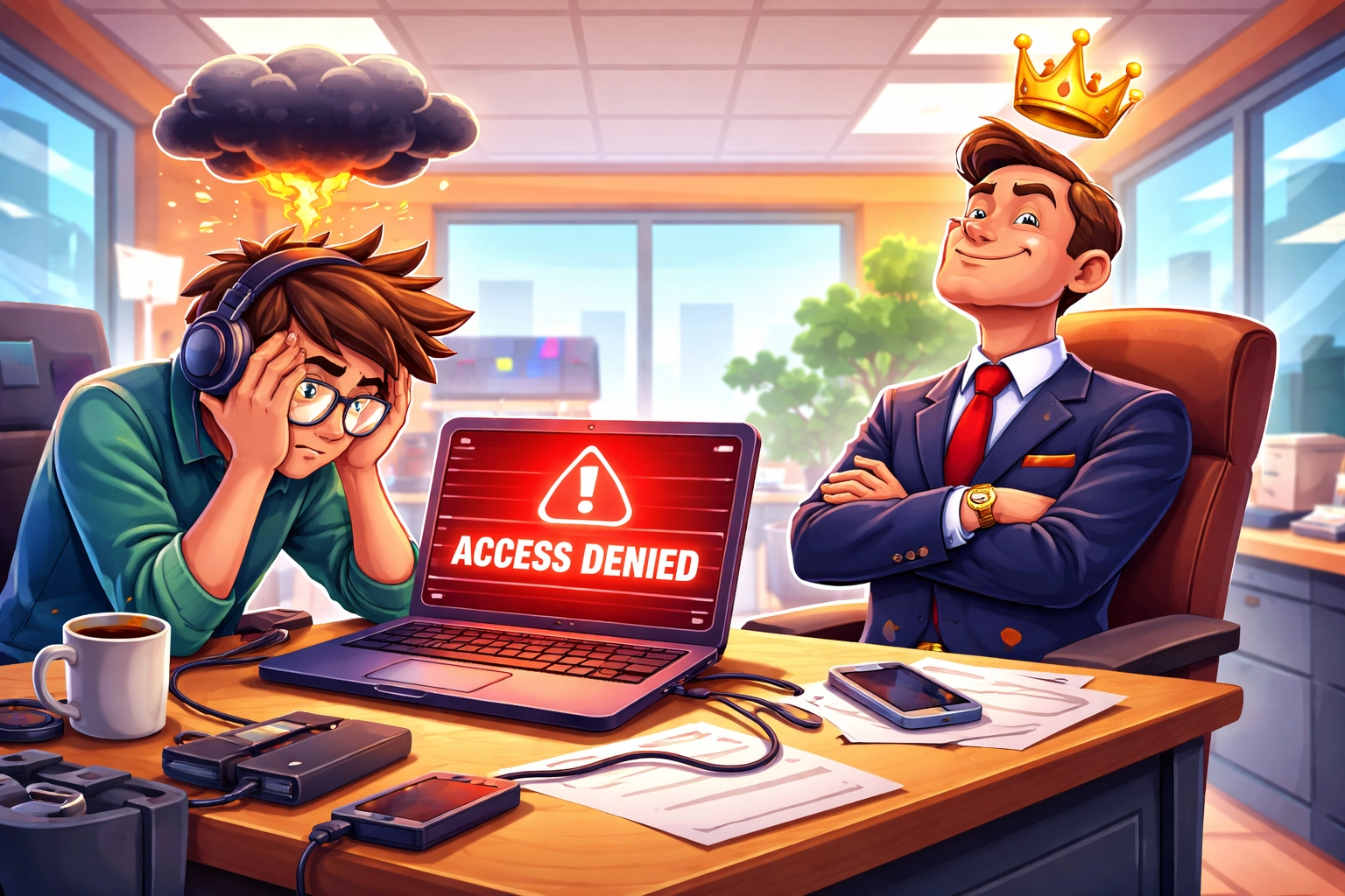 Frustrated IT professional clashes with a demanding client in a modern office, highlighting toxic business relationships in cybersecurity.