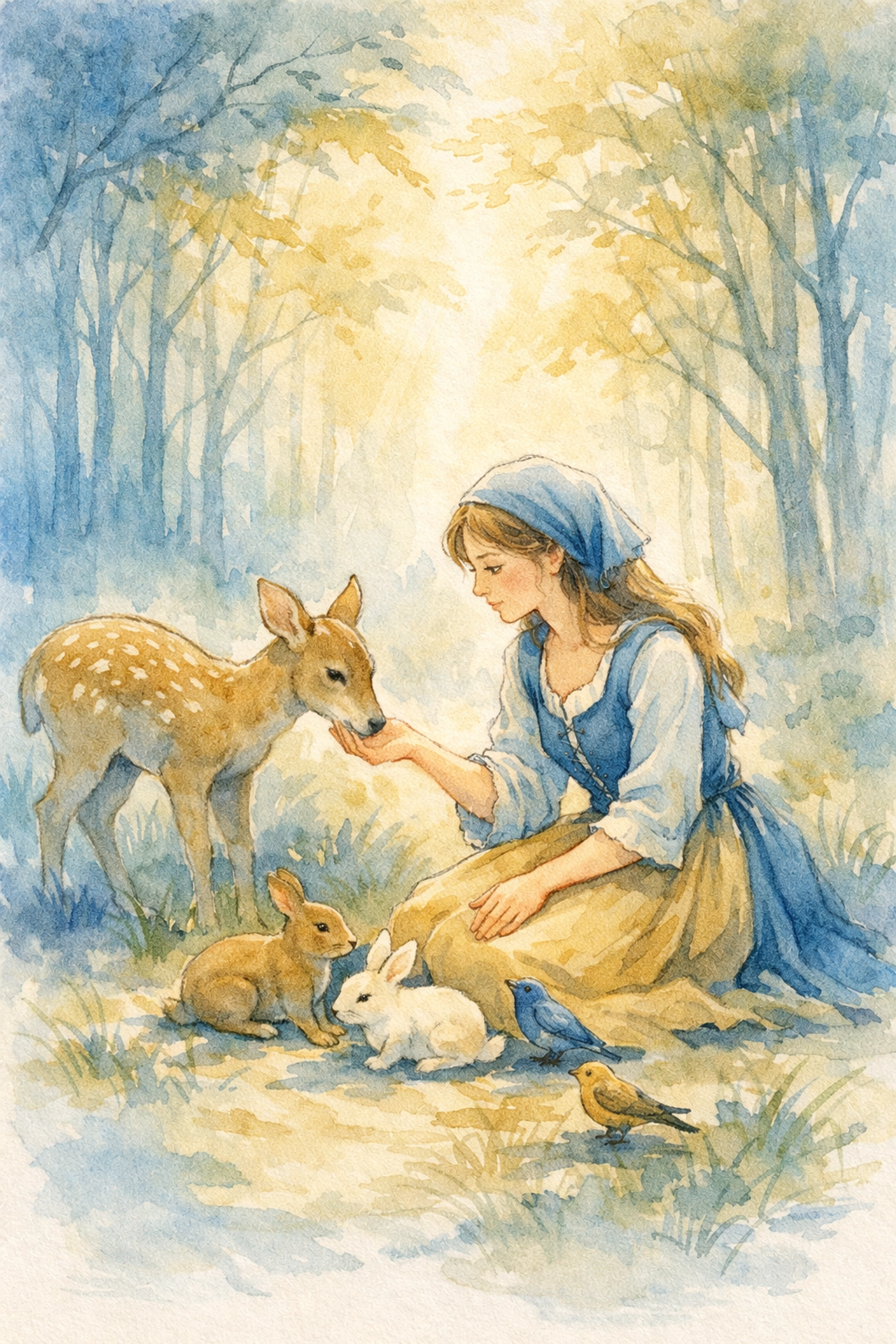 Snow White showing kindness to forest animals representing inner beauty and Christian virtue