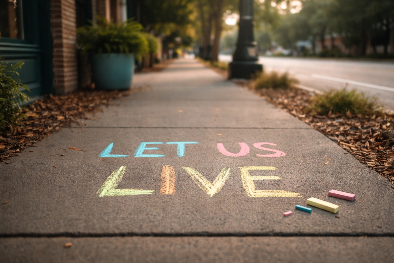 An atmospheric shot of a Tallahassee sidewalk with 'LET US LIVE' written in bright, multi-colored chalk. Soft focus background.