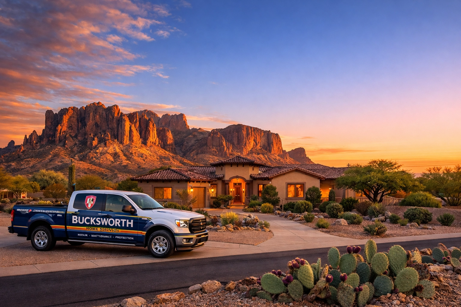 Bucksworth service truck at a Thunder Mountain Estates home in Apache Junction after professional repairs.
