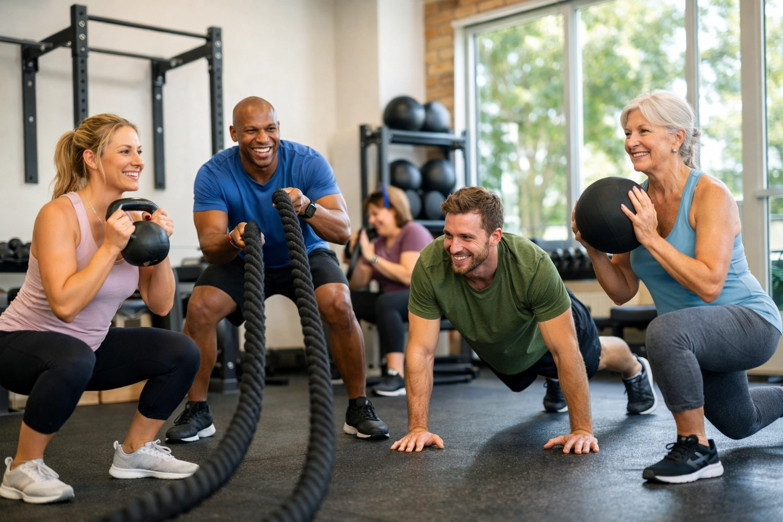 A personal trainer in Bournemouth leading a supportive and encouraging small group training session.