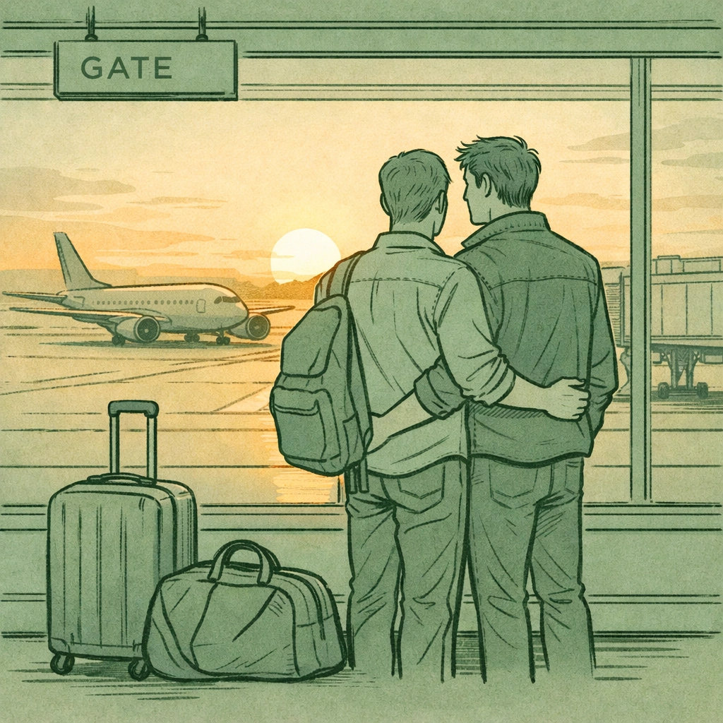 Gay couple at airport gate window watching sunset over tarmac before flight
