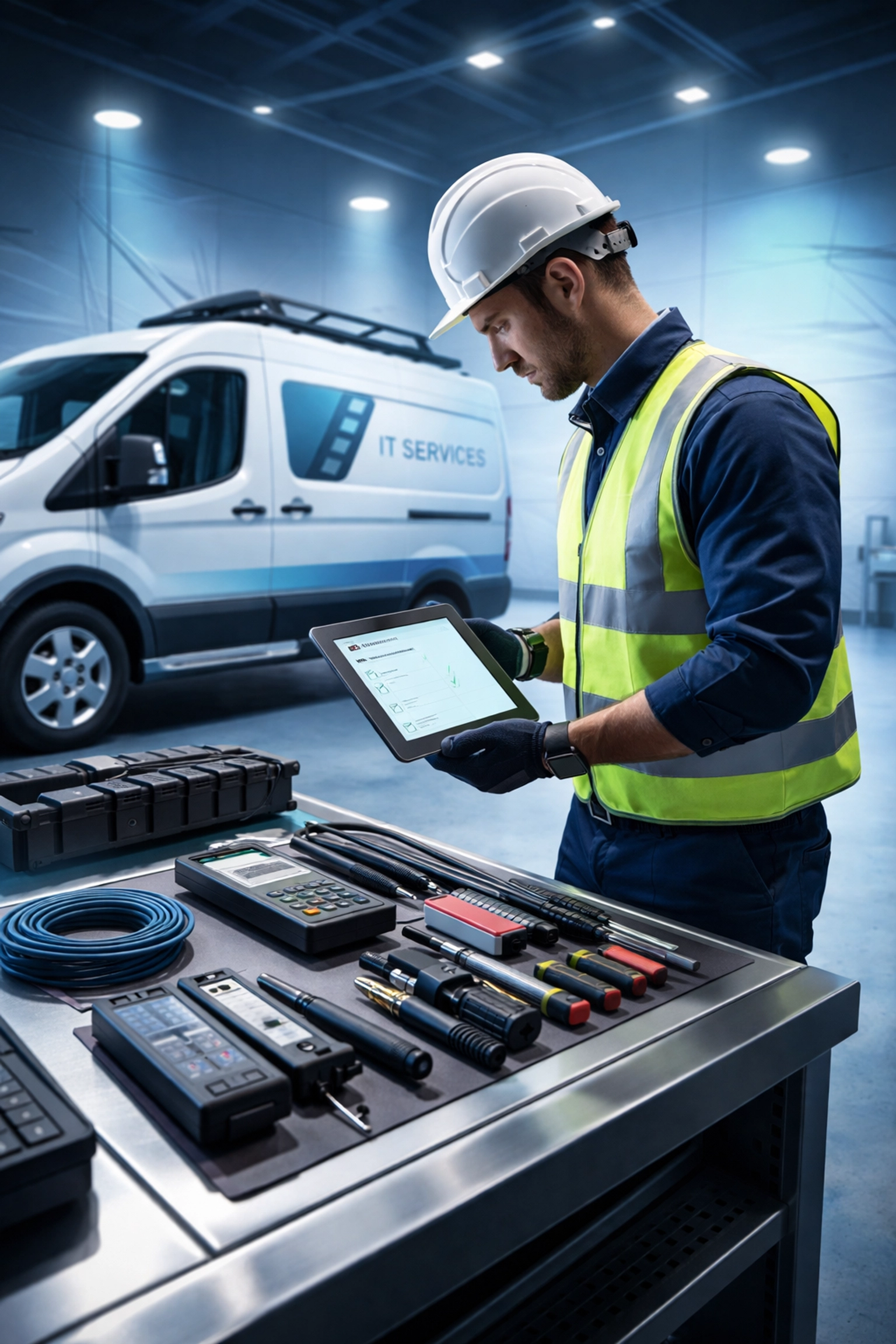 IT field technician performing a safety check with digital tools near a service van, ensuring reliable IT service delivery