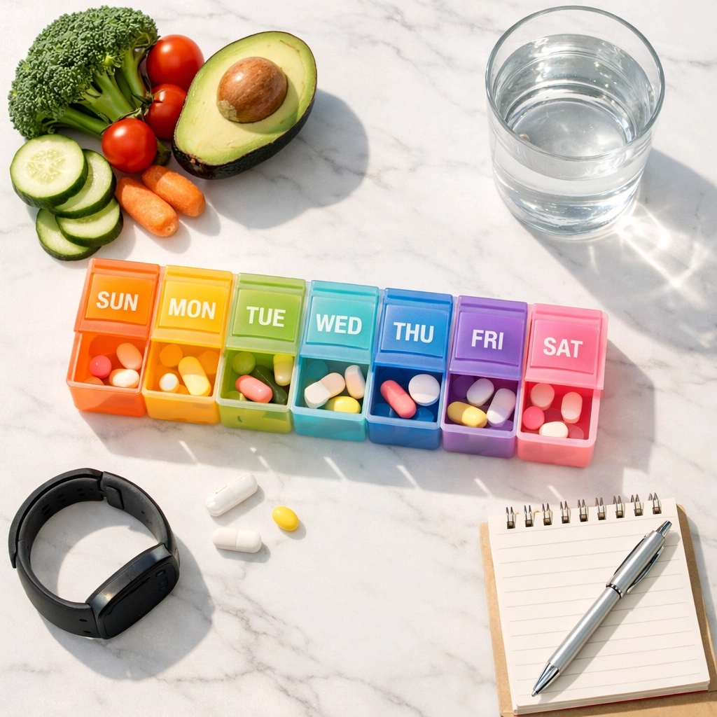 Tirzepatide medication with healthy lifestyle components including nutrition and wellness tracking tools