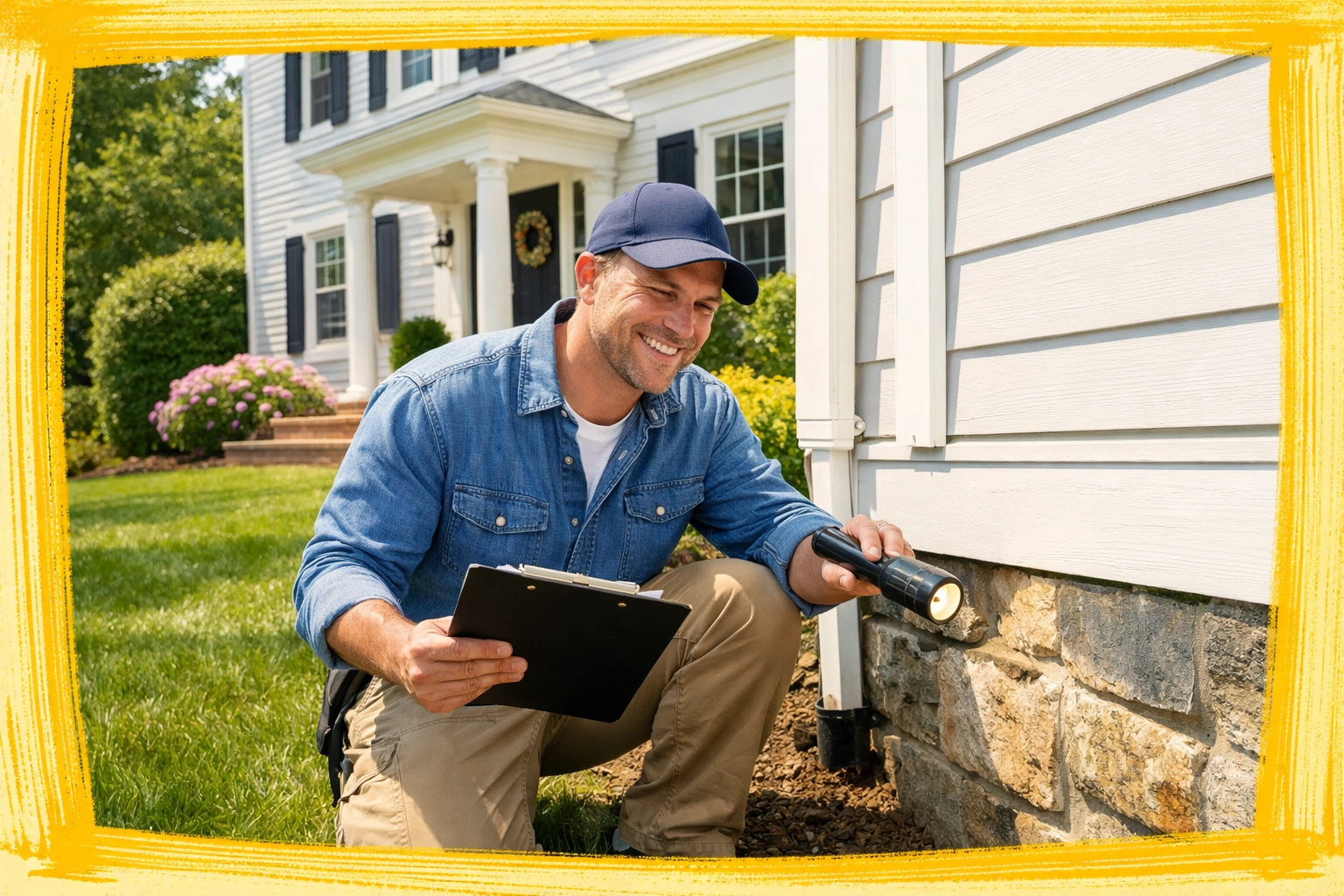 Home inspector conducting pre-listing inspection on Connecticut colonial house exterior