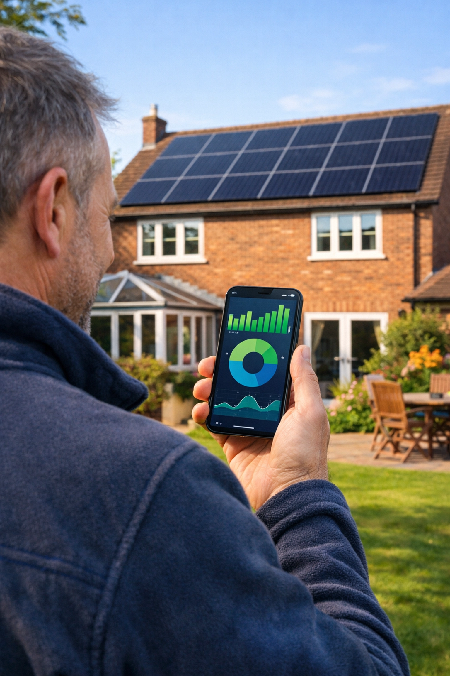 UK homeowner using a solar monitoring app to track energy from roof panels.