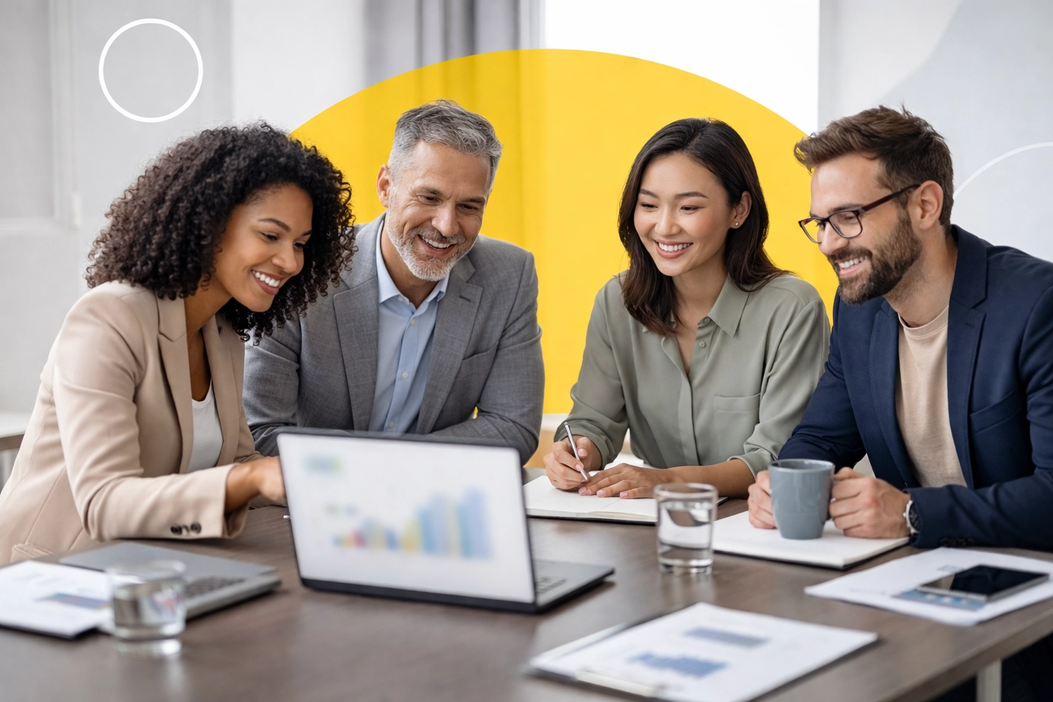 Diverse business team collaborating at a conference table represents an Amazon agency partnership.