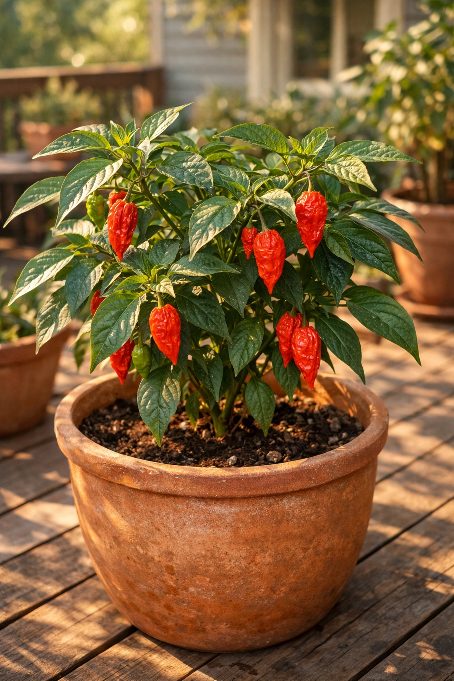 Mature ghost pepper plant with red peppers growing in large terracotta container on patio