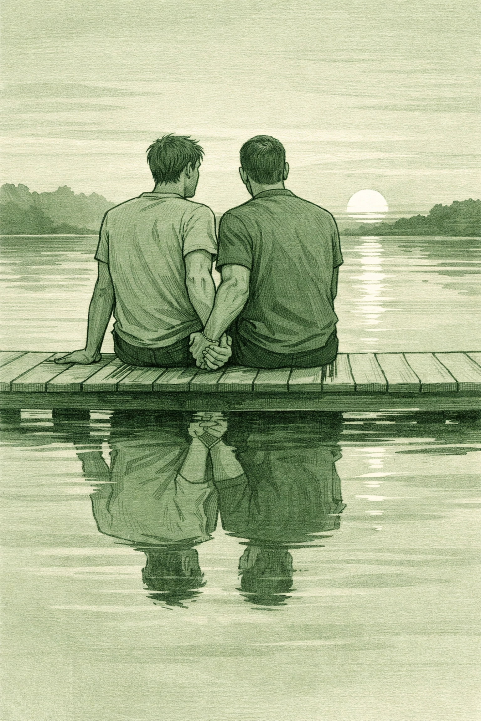 Two men on dock at sunset depicting possessive love and control in MM romance