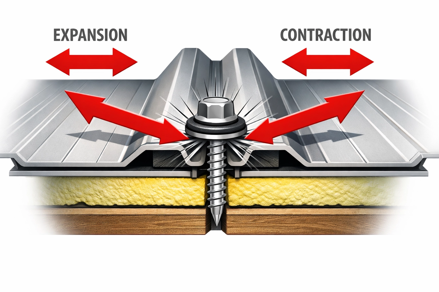 Metal roof panel thermal expansion diagram showing fastener stress and movement forces