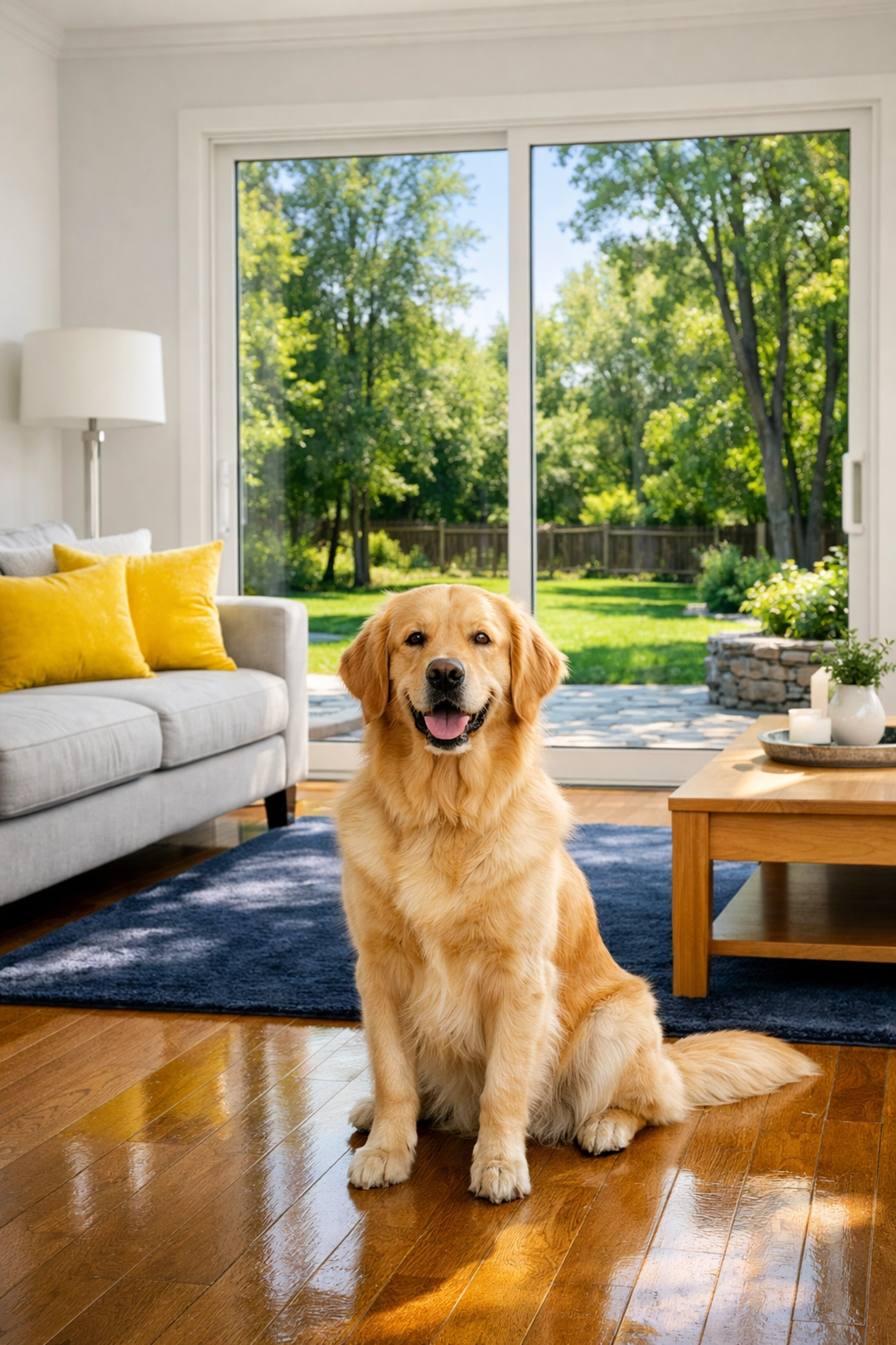 Clean Leominster living room with a dog on polished floors after professional residential cleaning services.