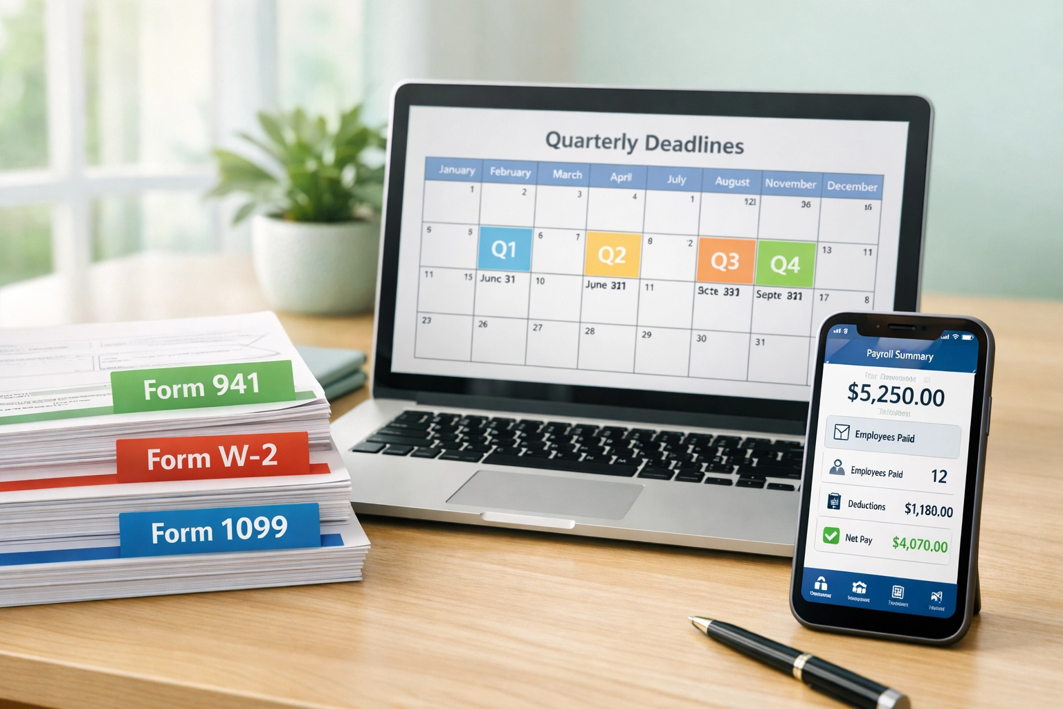 Payroll compliance workspace with tax forms and quarterly planning calendar
