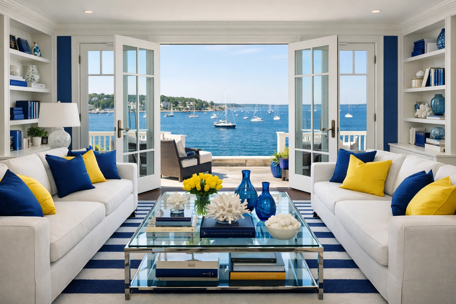 Spotless luxury living room in Marblehead with an organized interior and beautiful harbor views.