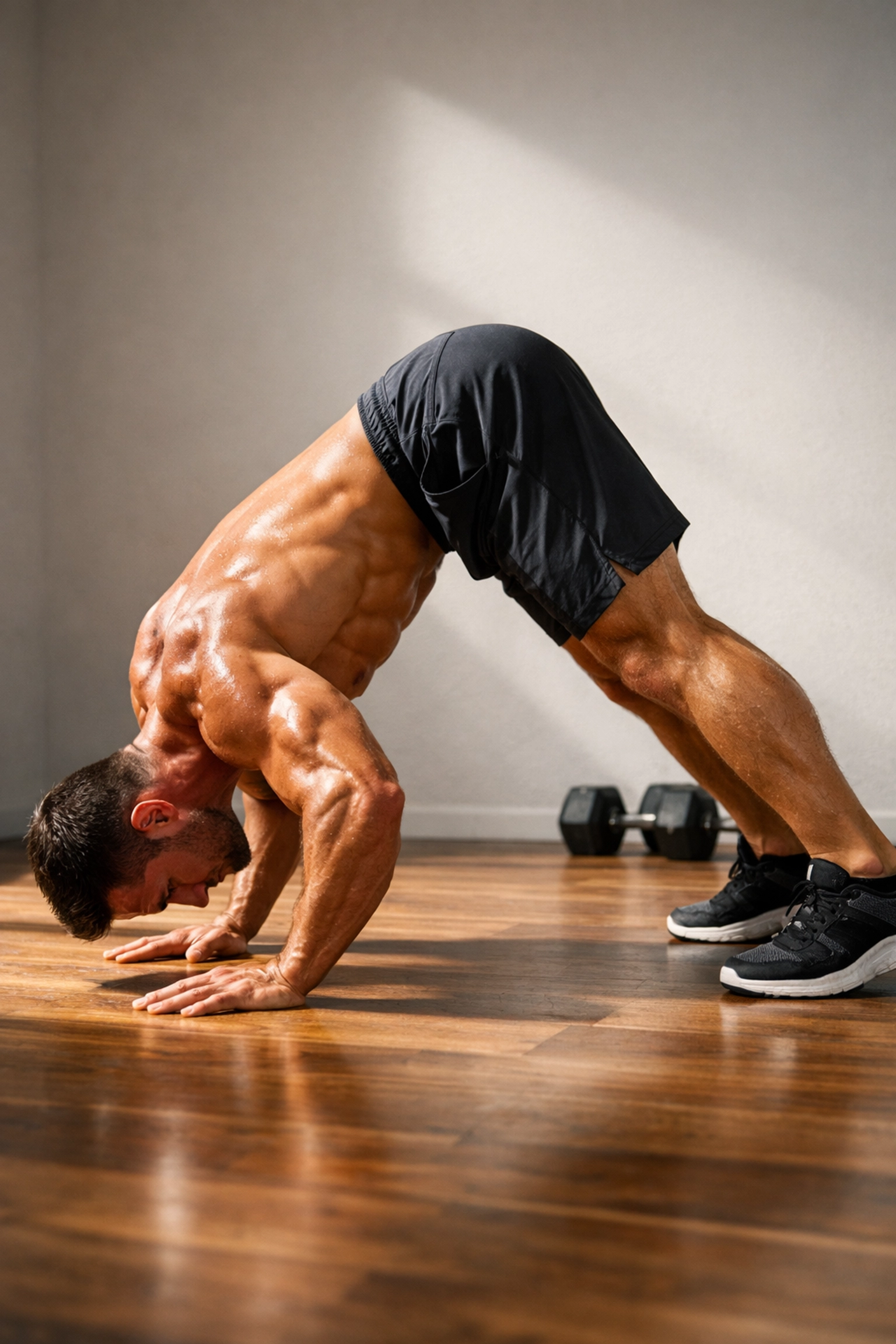 Man performing pike push-up for shoulder strength in minimalist home gym