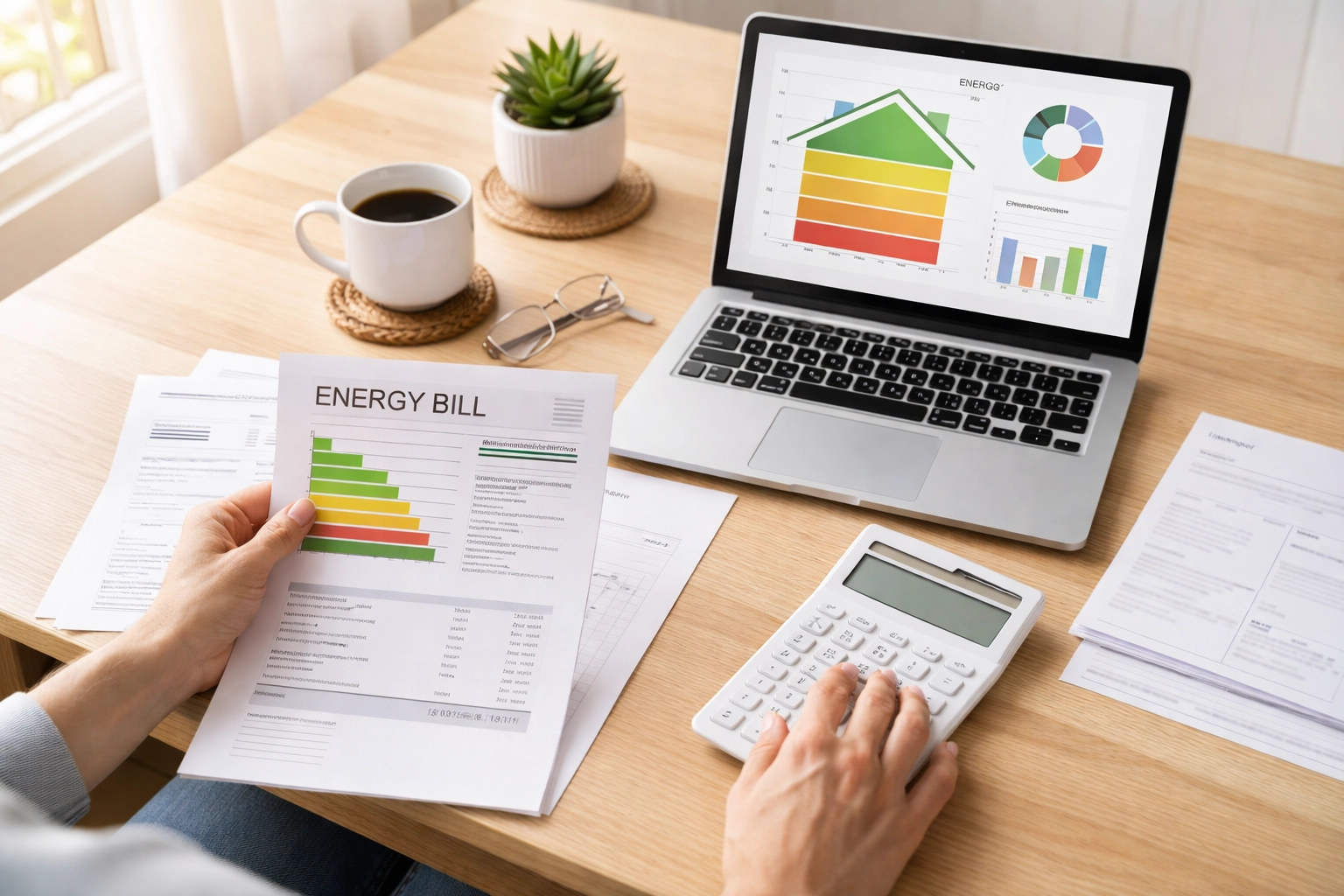 Homeowner calculating Maine mini-split rebates at a sunlit kitchen table, highlighting smart financial planning