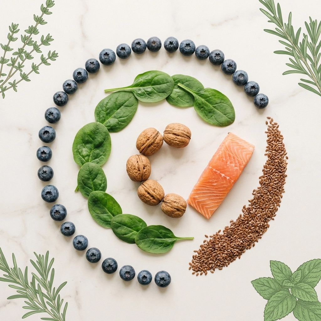 Flat-lay of nutrient-dense foods in a spiral pattern, showcasing nutrition as part of holistic well-being.