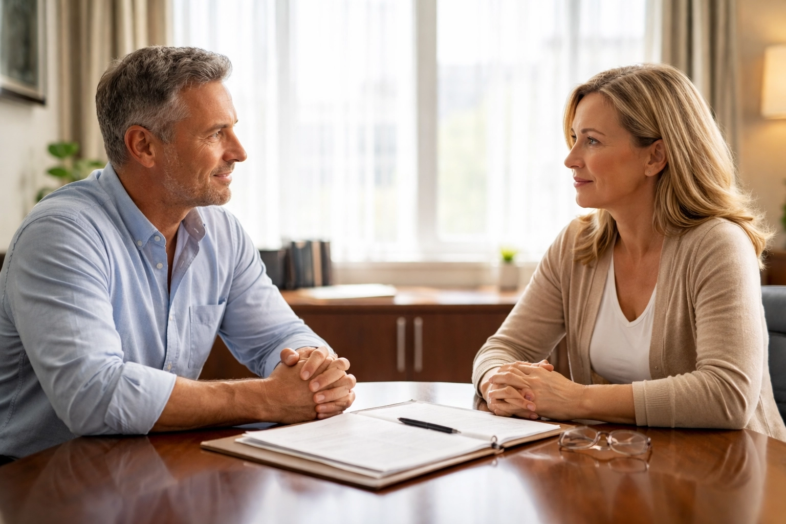 Divorce Attorney Fredericksburg VA meeting with a middle-aged couple in a modern law office