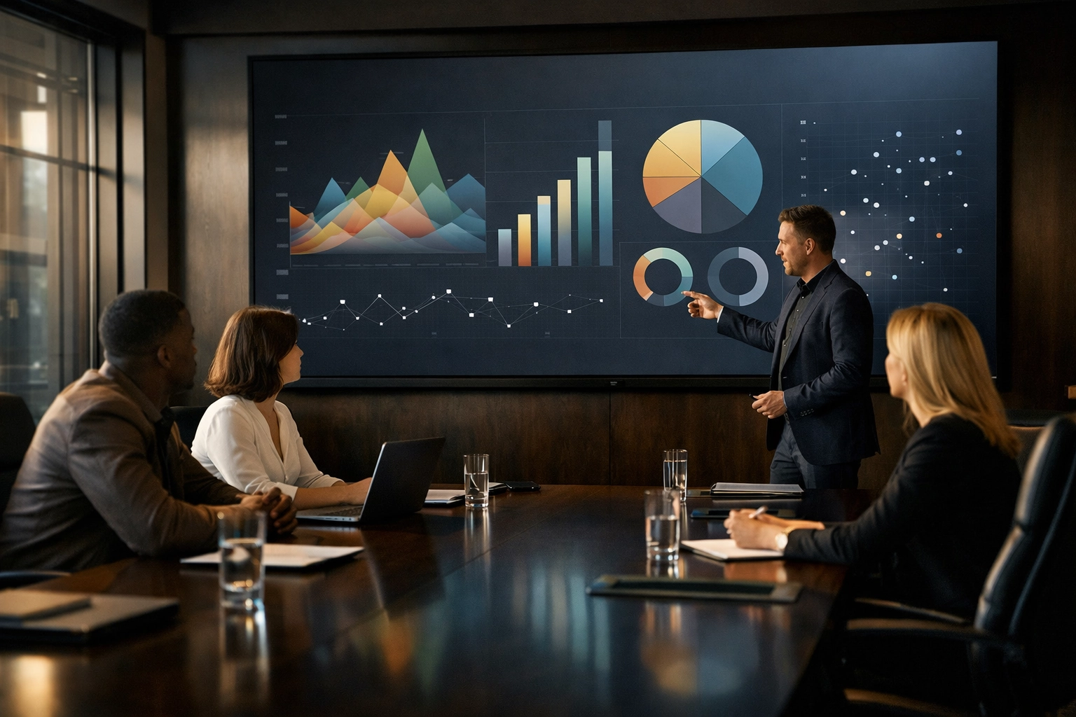 High-end conference room scene with a small team reviewing abstract, non-readable charts on a large screen in clean cinematic lighting.