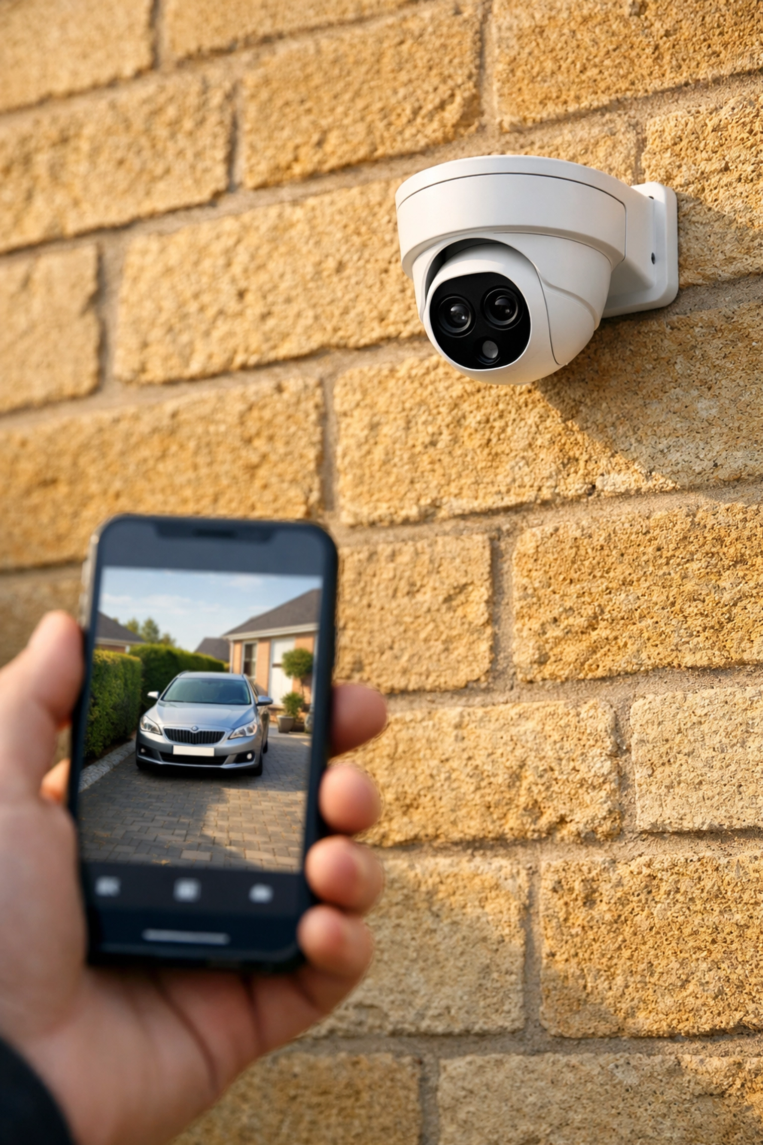 Smart CCTV camera mounted on Bath stone with a mobile app showing live security footage.