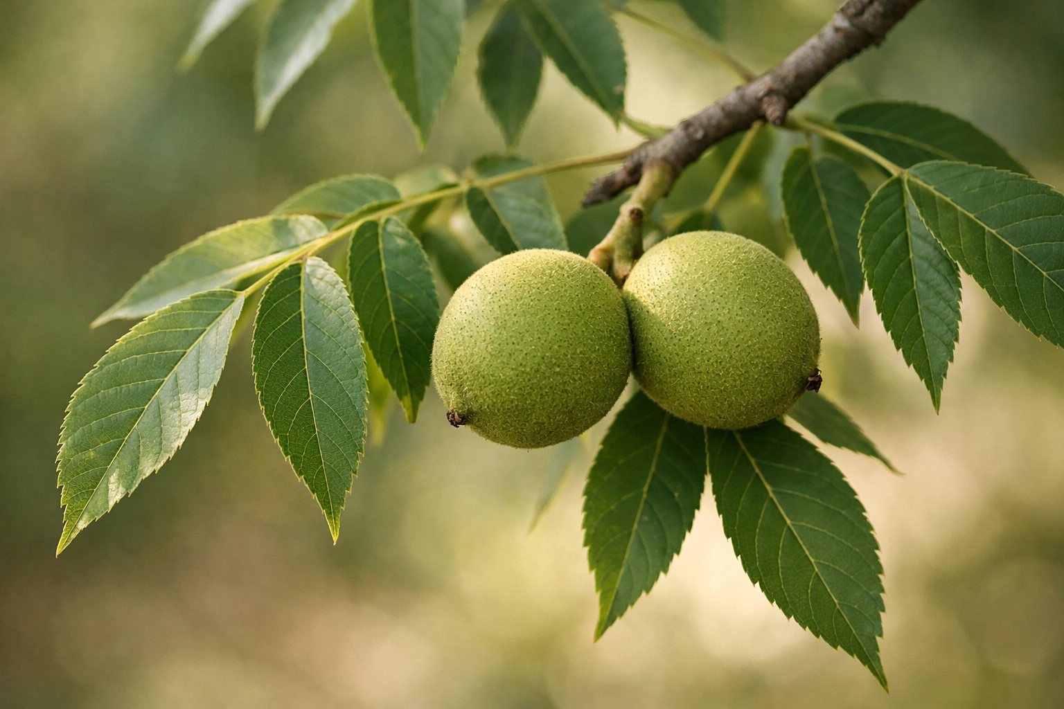 Botanical-style photo of Black Walnut (Juglans) green hulls and leaves in soft natural light.