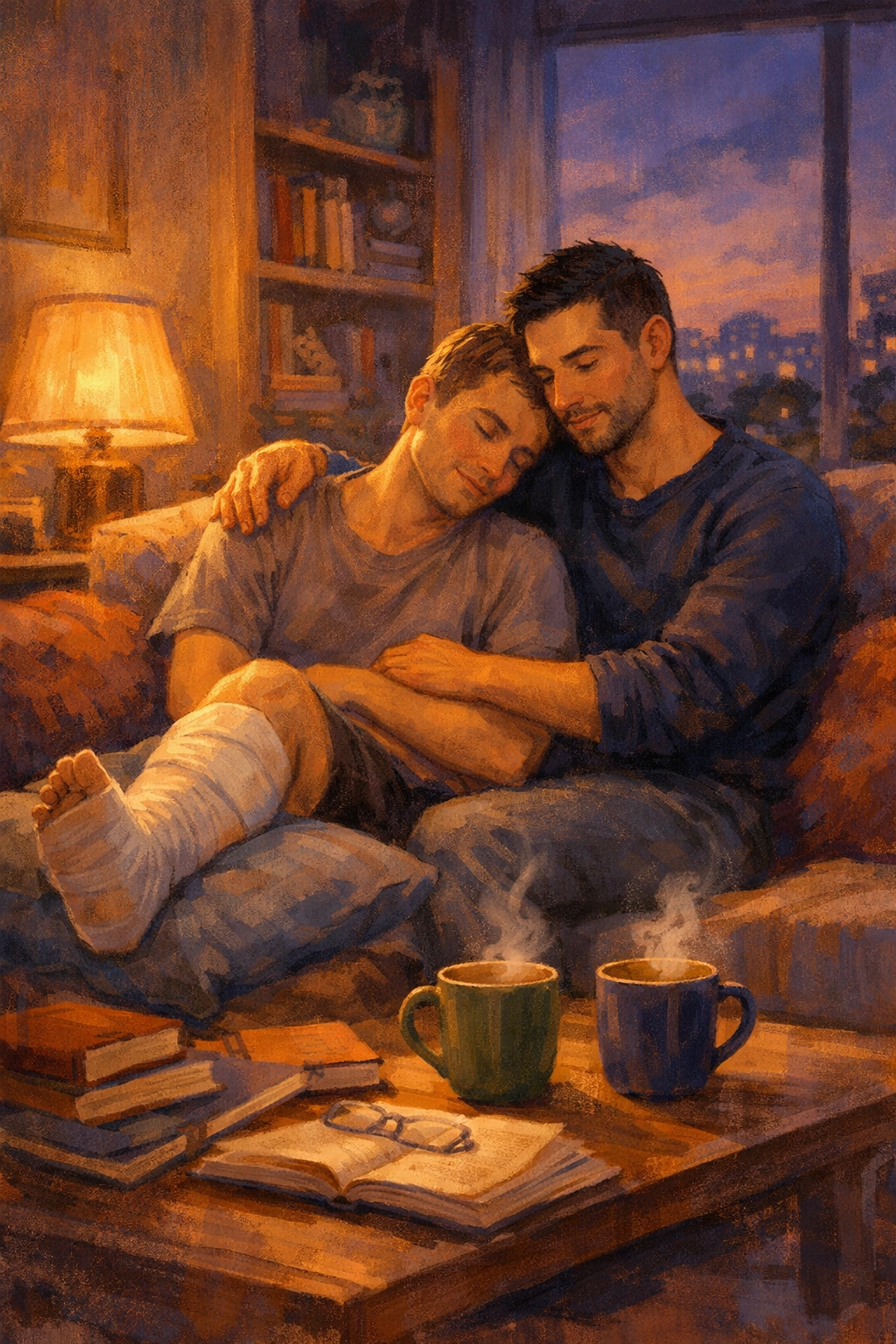 Two men healing together on couch in emotional MM contemporary romance scene