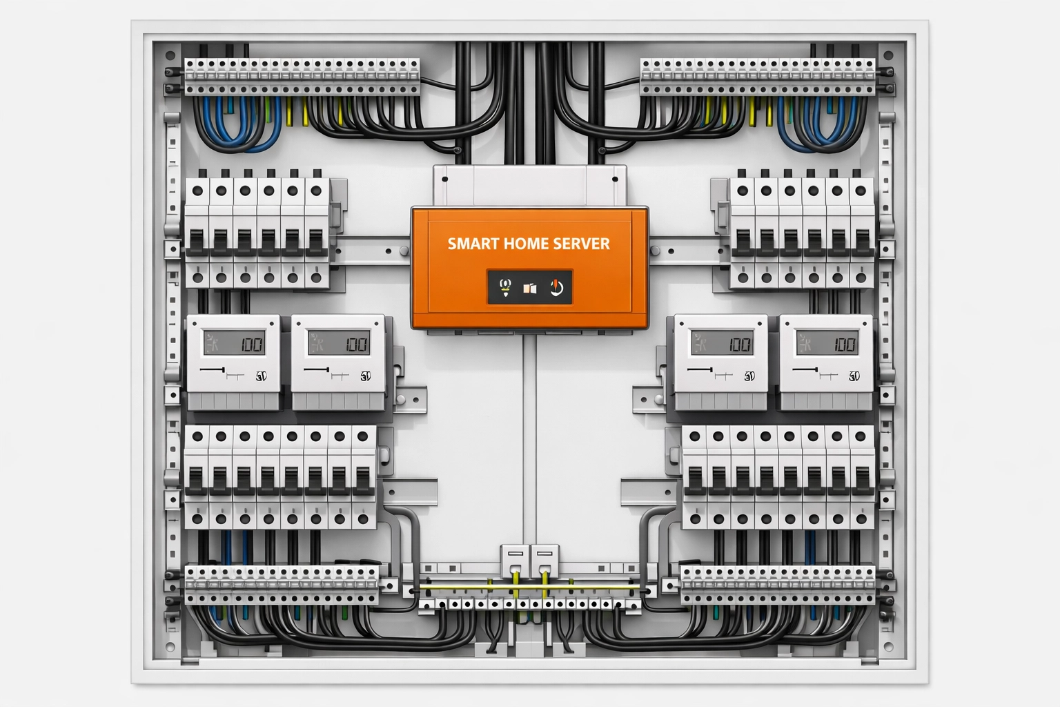 Professionell verdrahteter Verteilerkasten mit integriertem Smart-Home-Server vom Elektro-Zentrum Wien.