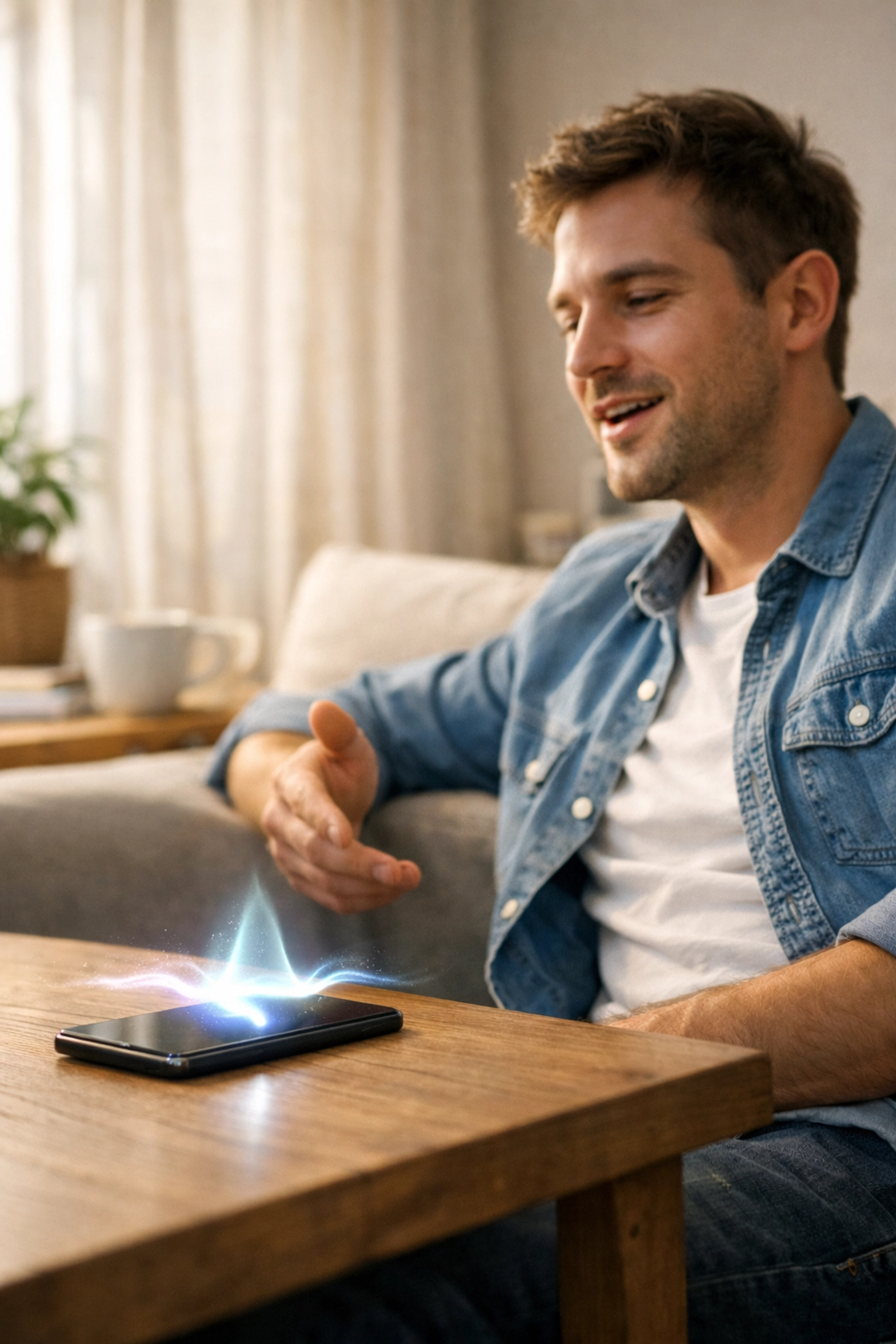 A person using a voice assistant on a smartphone to find local services through conversational search.