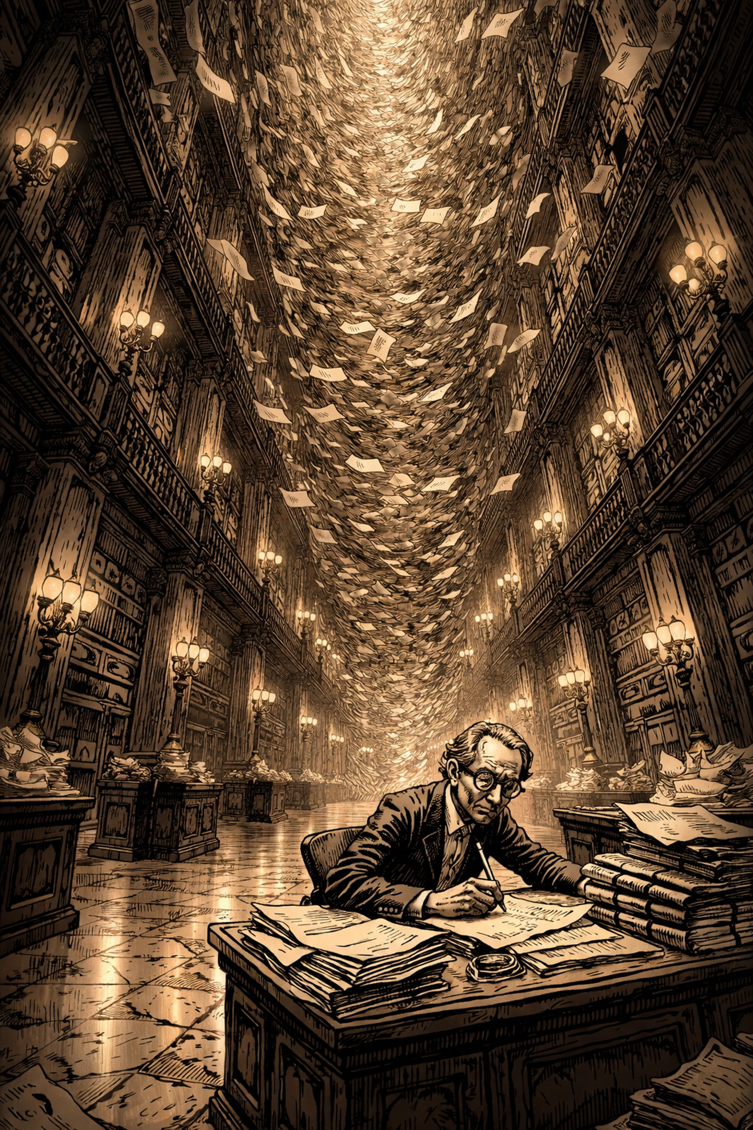 A clerk sits in an endless archive with floating documents spiraling upward, evoking the mysterious bureaucracy in the gaslamp fantasy world.