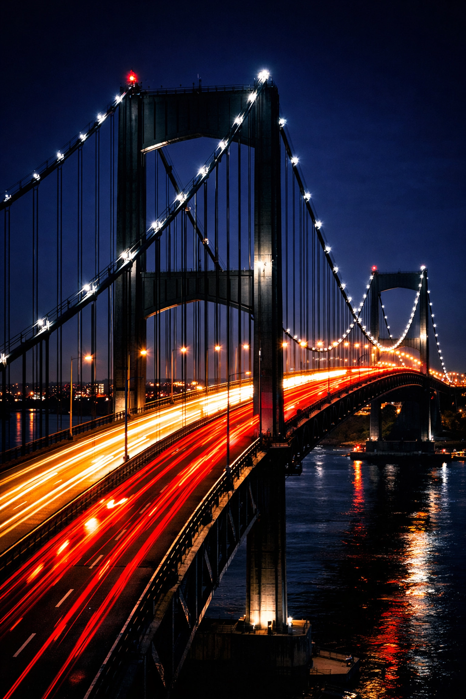 Night traffic crossing the Pierre Laporte Bridge over the St. Lawrence River in Quebec City.