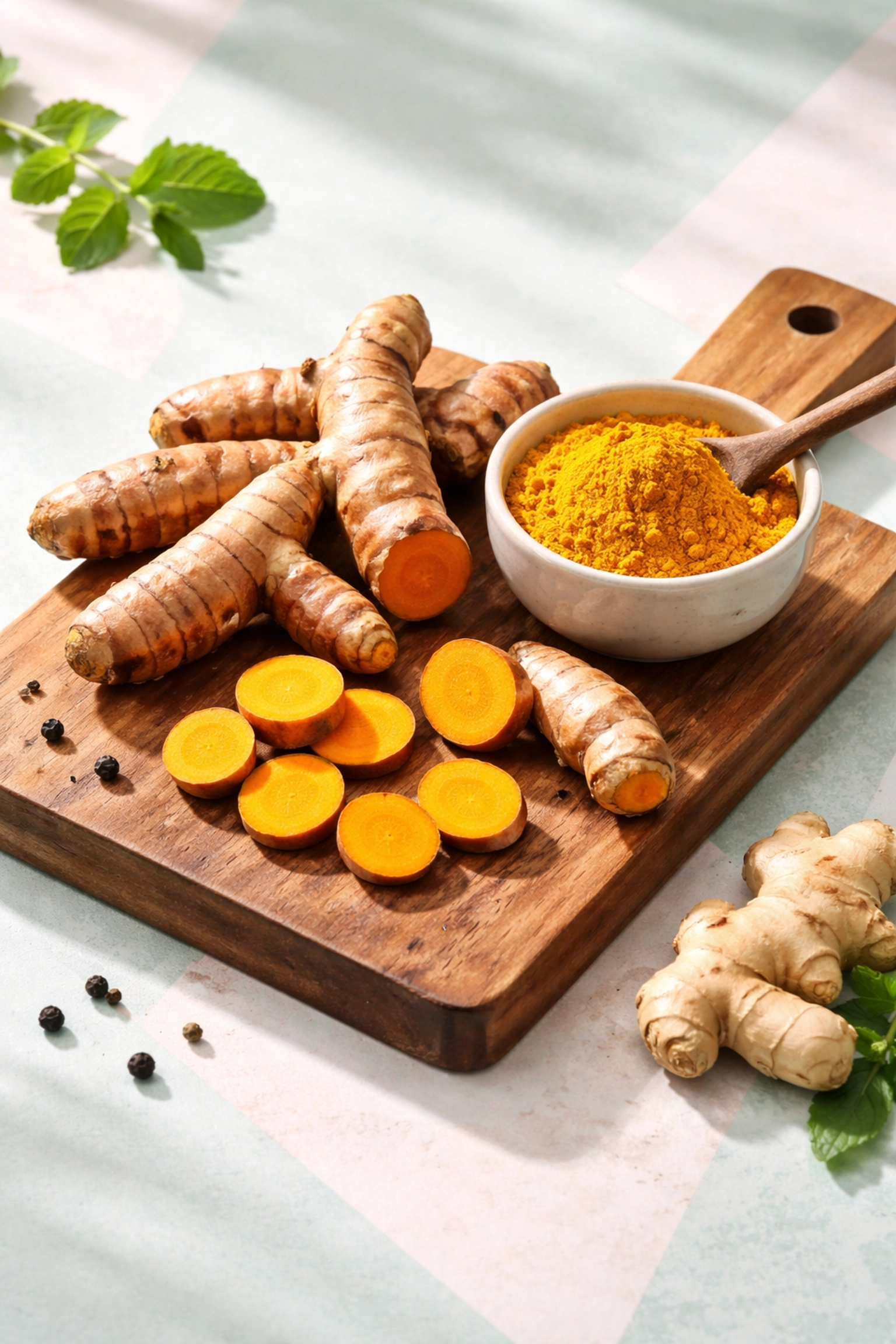 Fresh turmeric roots and turmeric powder displayed on a cutting board, highlighting the anti-inflammatory benefits of turmeric.