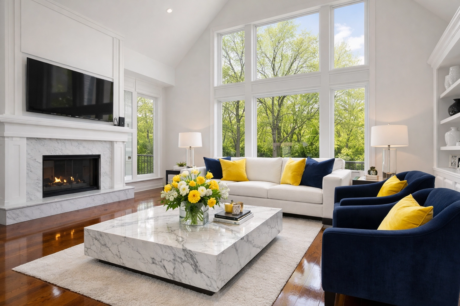 Professional luxury house cleaning MA results in a bright, decluttered modern living room in Massachusetts.