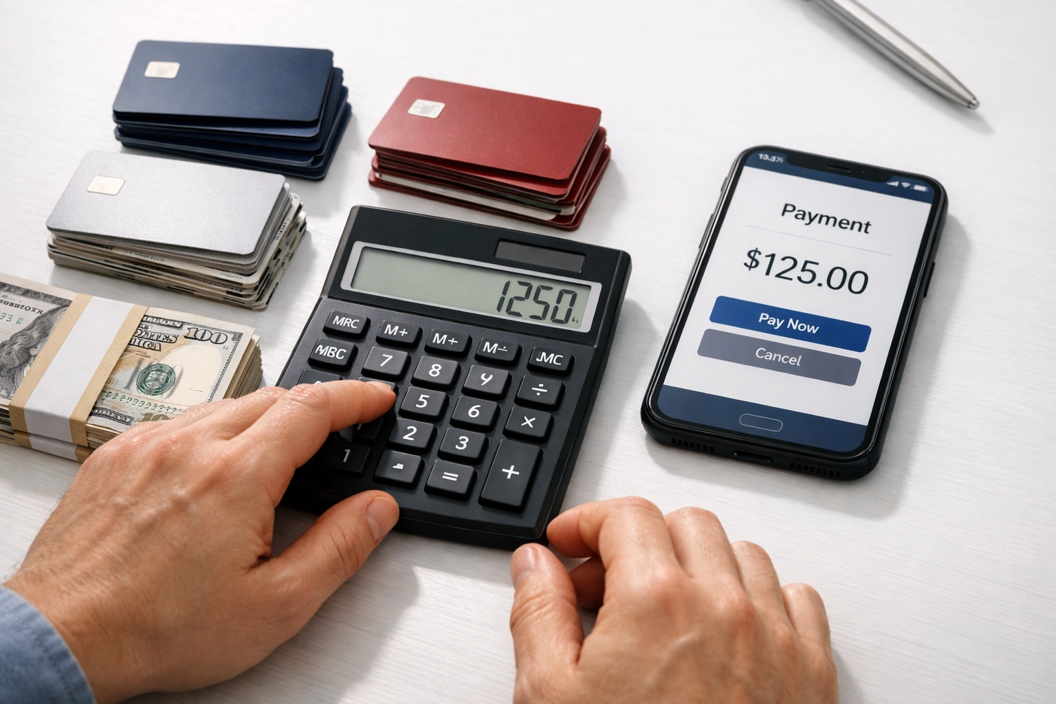 Calculating credit card payments with bills organized on desk