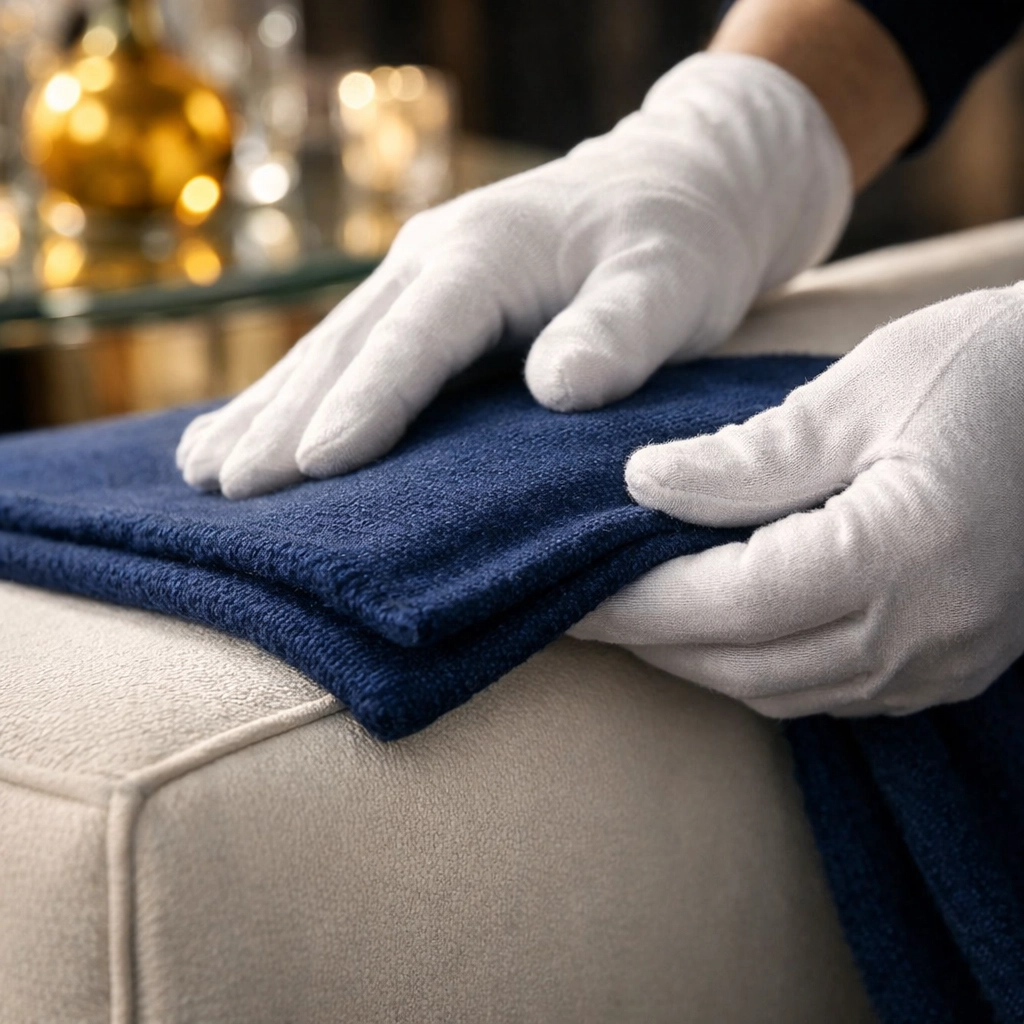 Detail-oriented residential cleaning service team preparing a high-end sofa in West Yarmouth.