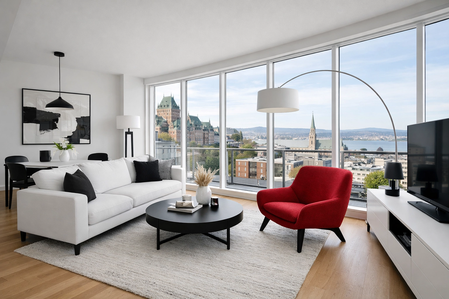 Intérieur moderne d'un condo à vendre à Québec avec vue sur la ville