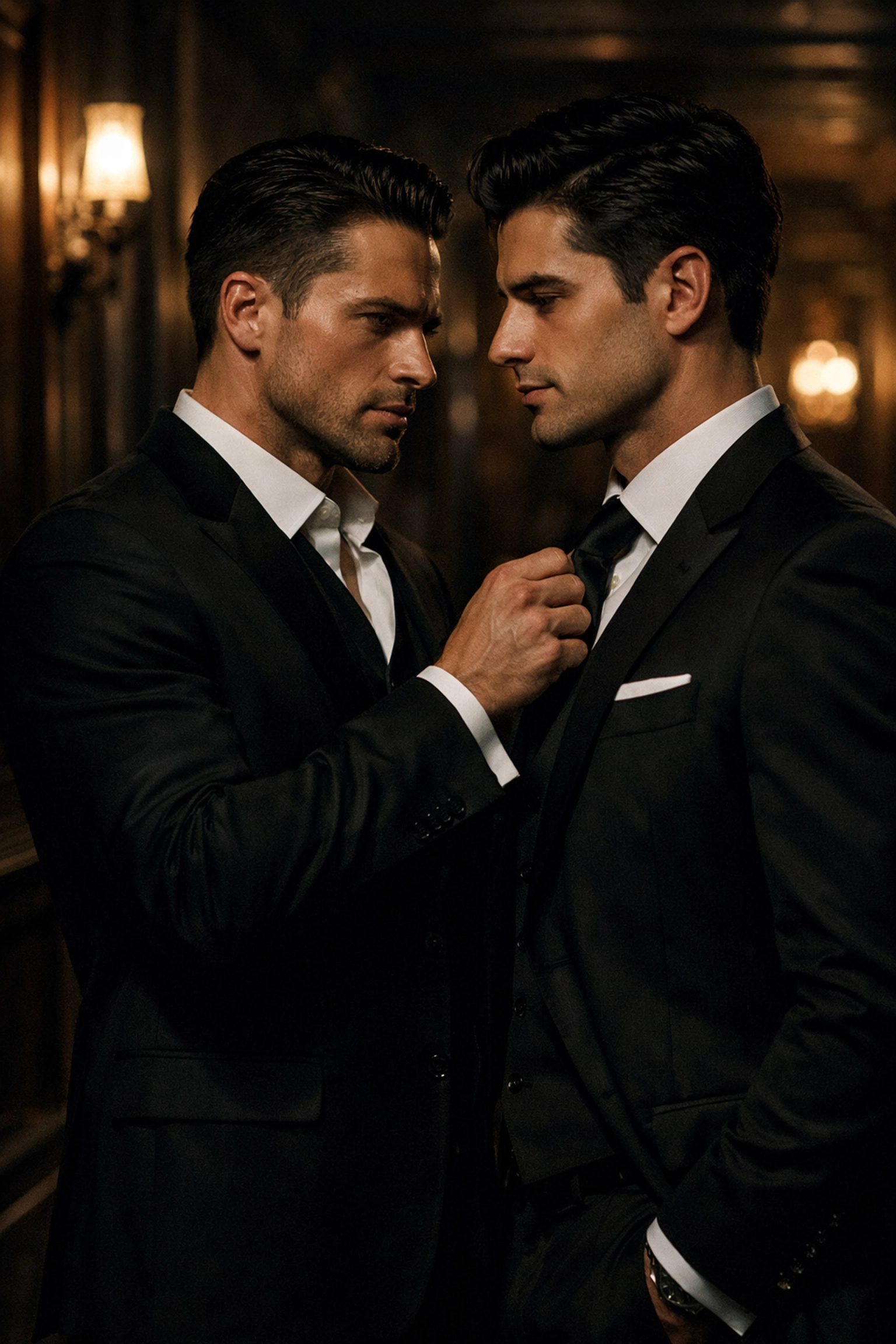 Two men in black suits sharing an intimate moment in a dark hallway, showcasing the mafia MM romance trope.
