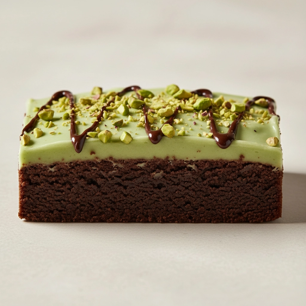 Pistachio icing with chopped pistachios plus chocolate drizzle — Crumbl Dubai brownie copycat close-up