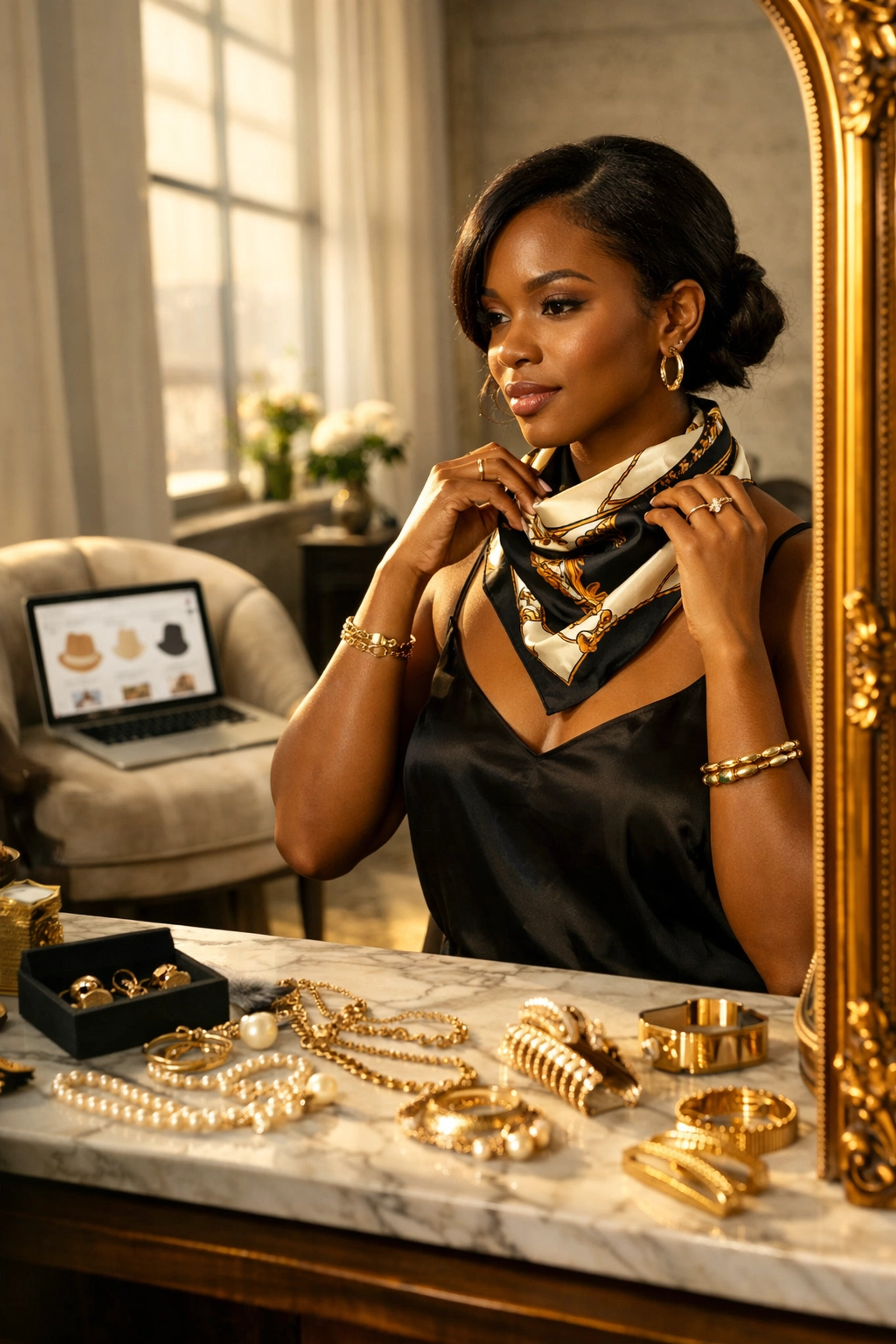 15 Ways to Support Black-Owned Businesses and Honor Sonny’s Pioneers Black woman styling a luxury silk scarf and jewelry from a Black-owned online marketplace.