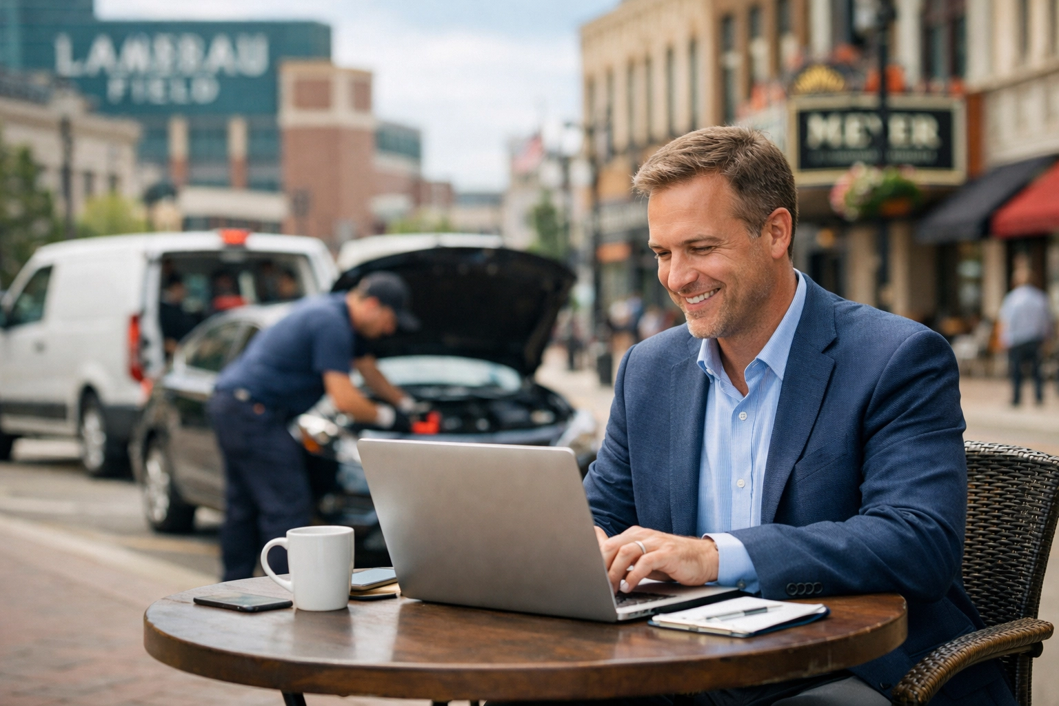 Green Bay professional working remotely while mobile mechanic services car in parking lot